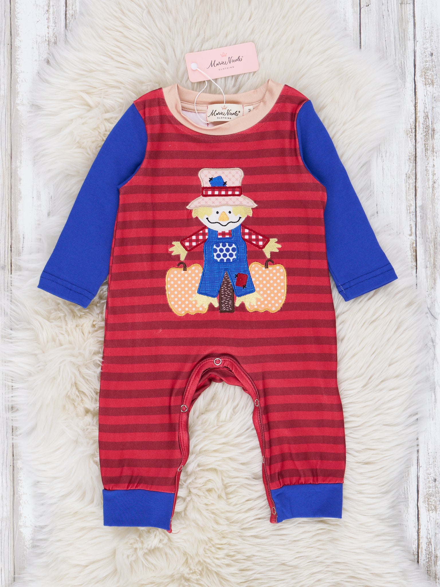 Maroon Stripe Scarecrow Romper - Marie Nicole Clothing