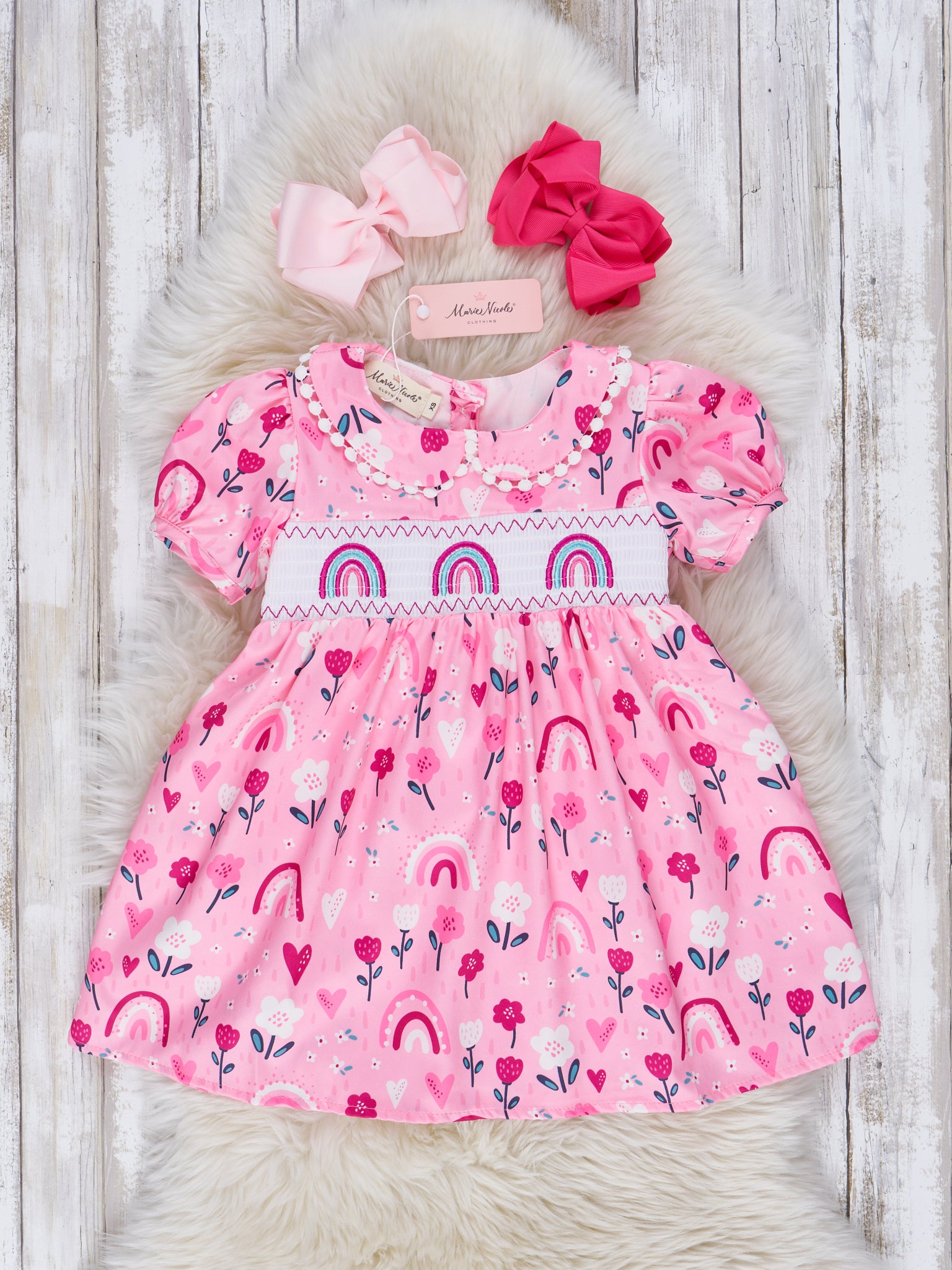 Sweet Pink Floral Rainbow Smocked Dress - Marie Nicole Clothing