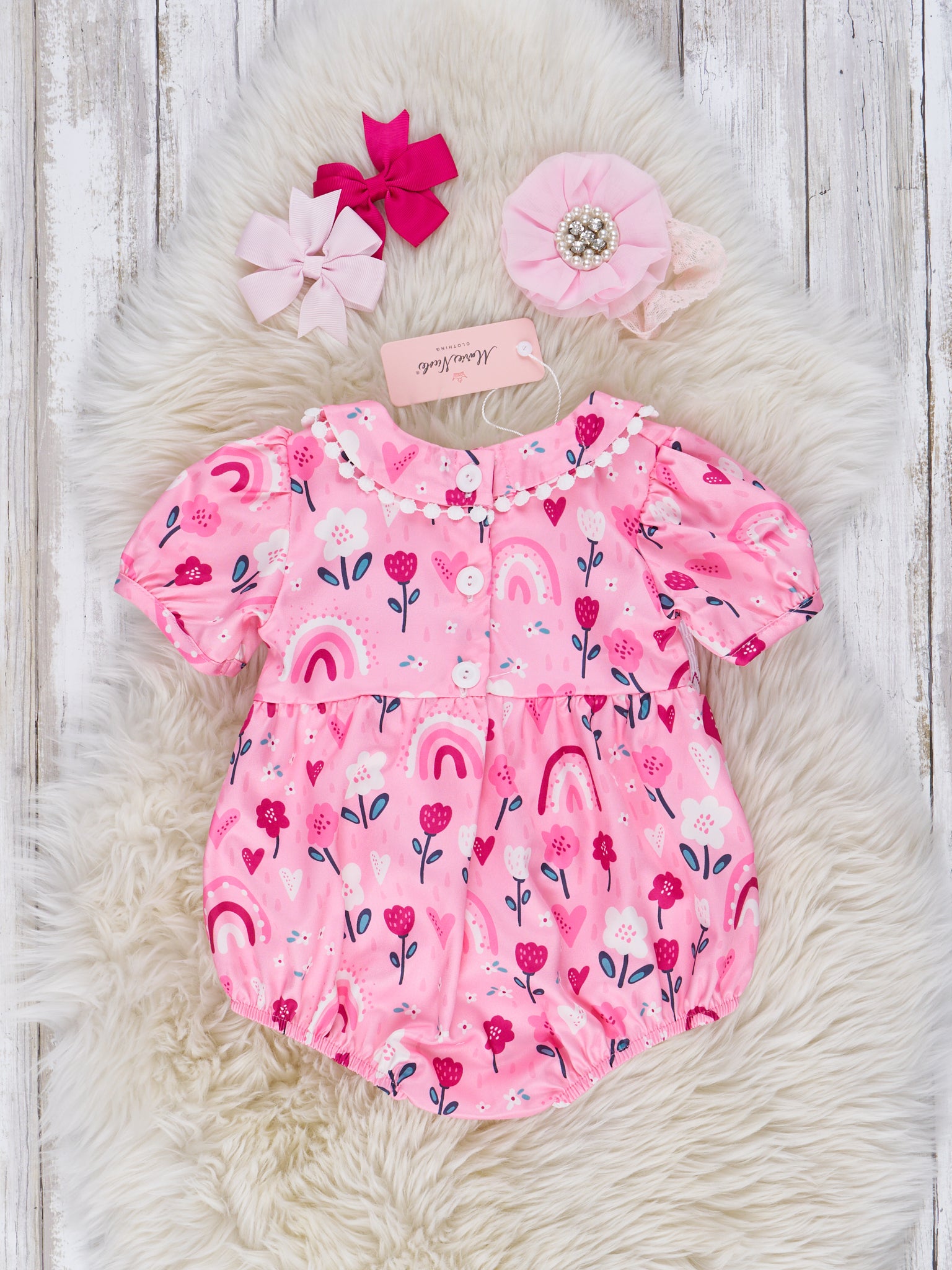 Sweet Pink Floral Rainbow Smocked Bubble Romper - Marie Nicole Clothing