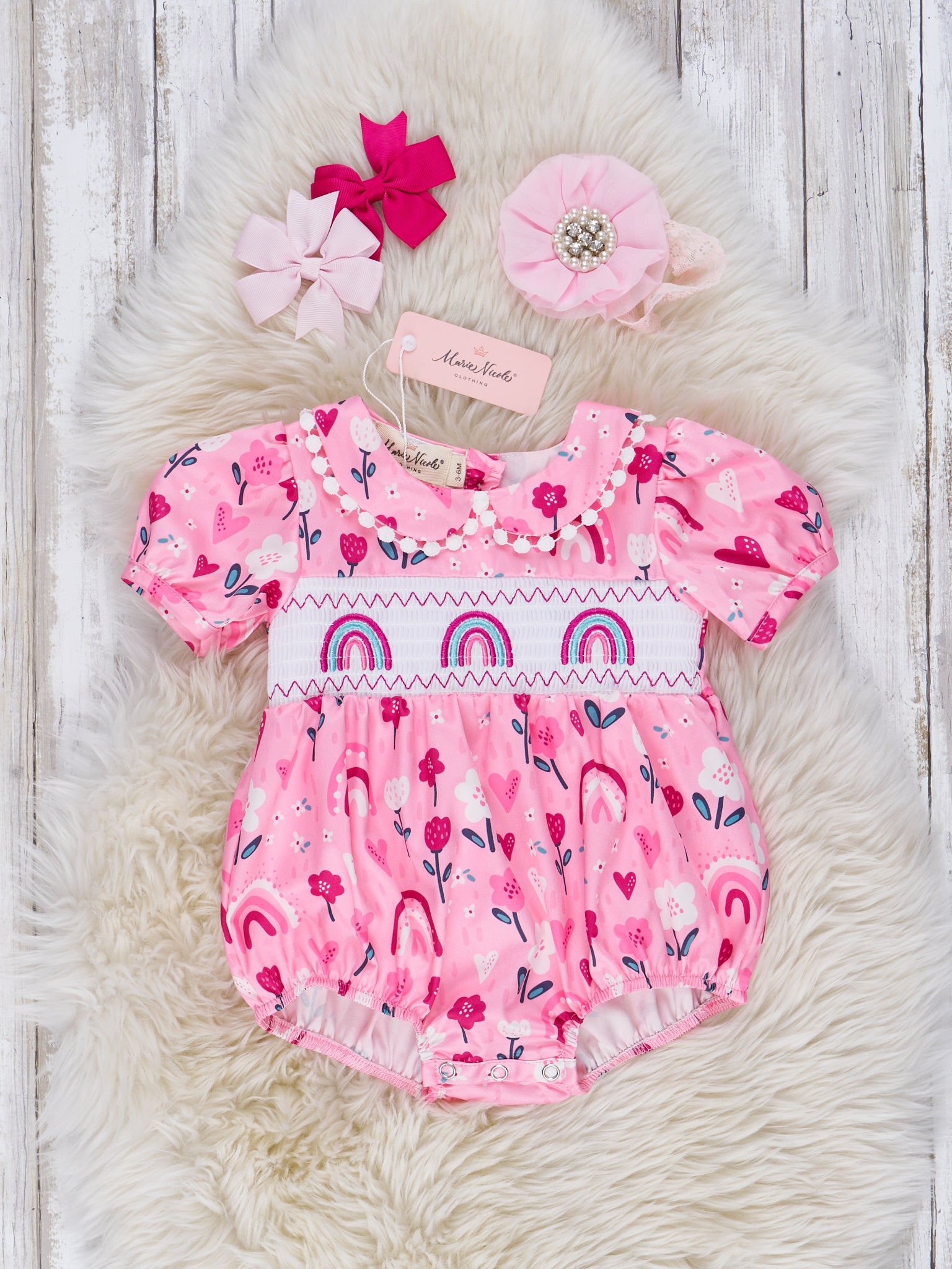 Sweet Pink Floral Rainbow Smocked Bubble Romper - Marie Nicole Clothing