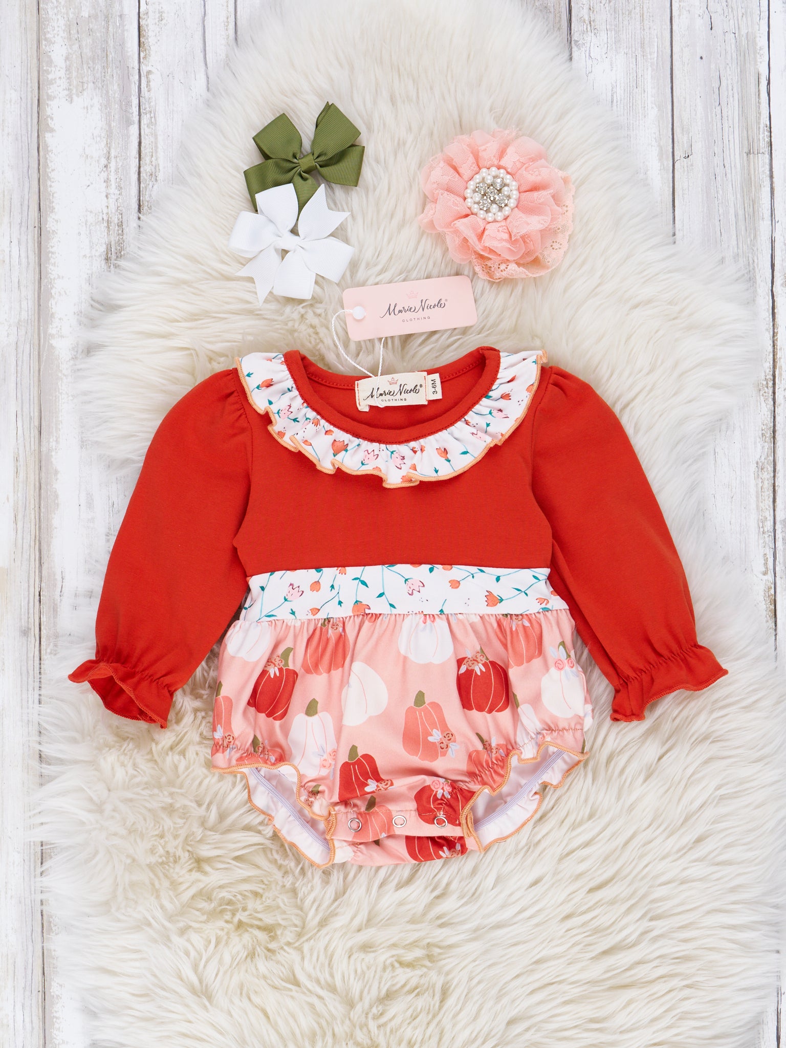 Orange & Peach Pumpkin Garden Ruffle Romper - Marie Nicole Clothing