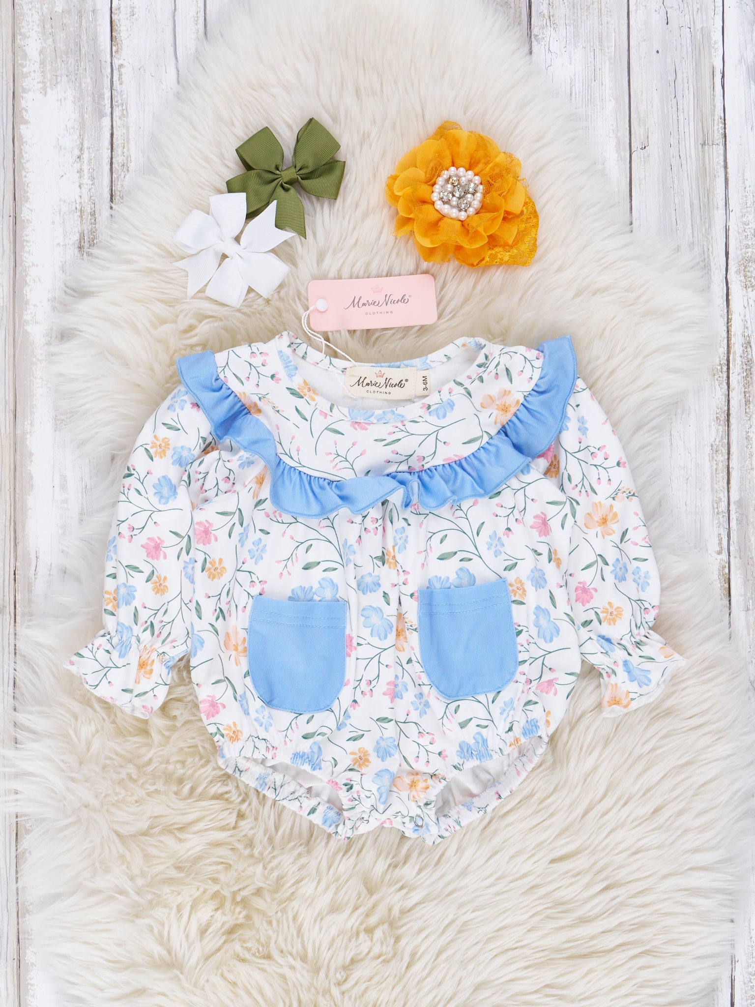 Cornflower Dainty Autumn Blooms Ruffle Romper - Marie Nicole Clothing