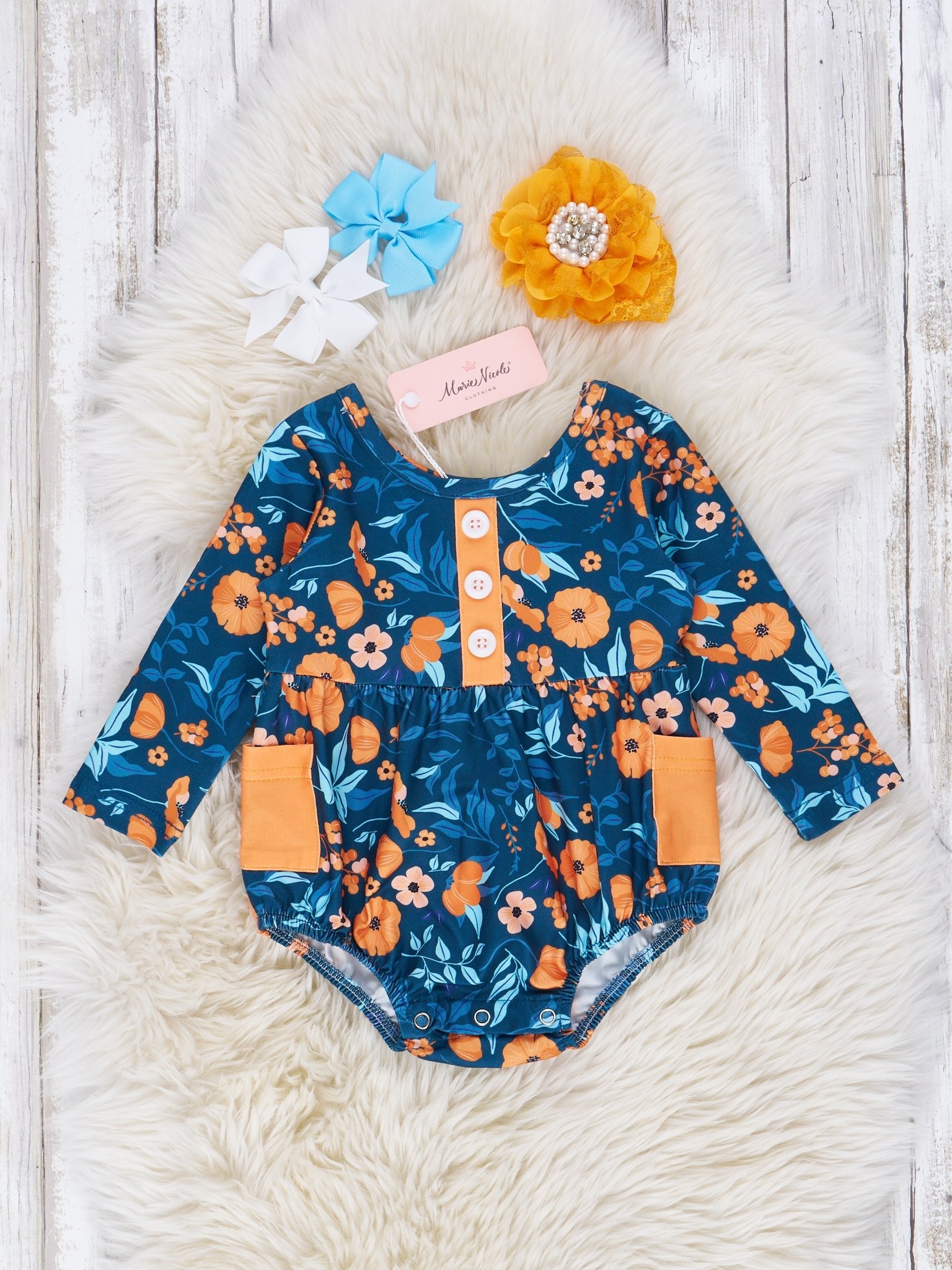 Navy & Golden Blooming Pocket Romper - Marie Nicole Clothing