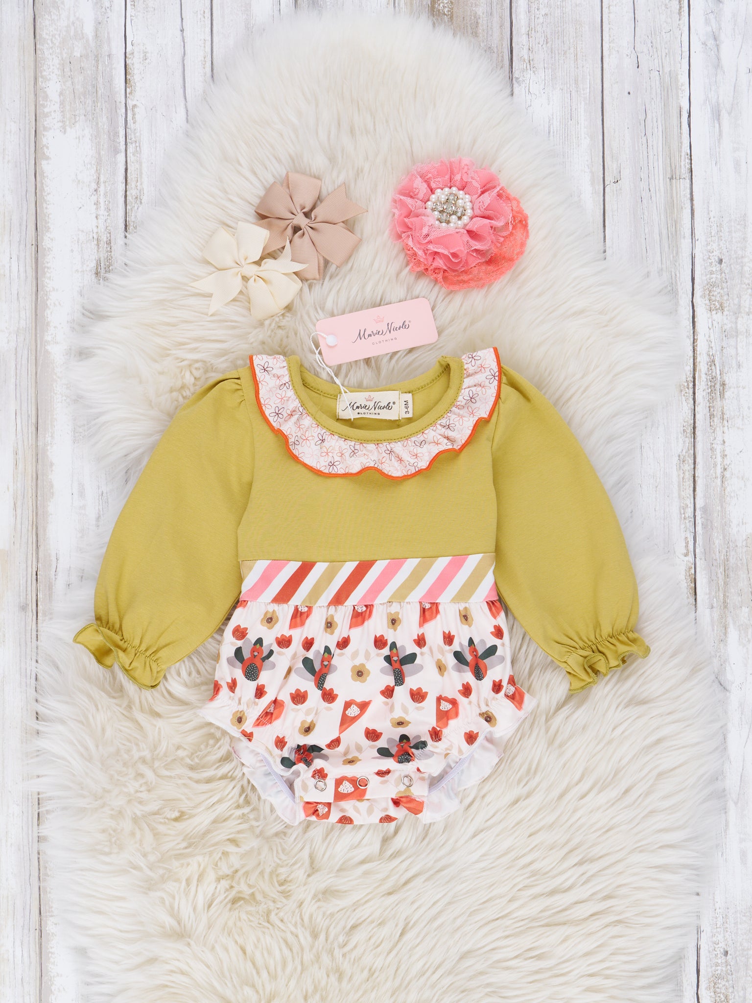 Chartreuse & Candy Stripe Turkey Ruffle Bubble Romper - Marie Nicole Clothing