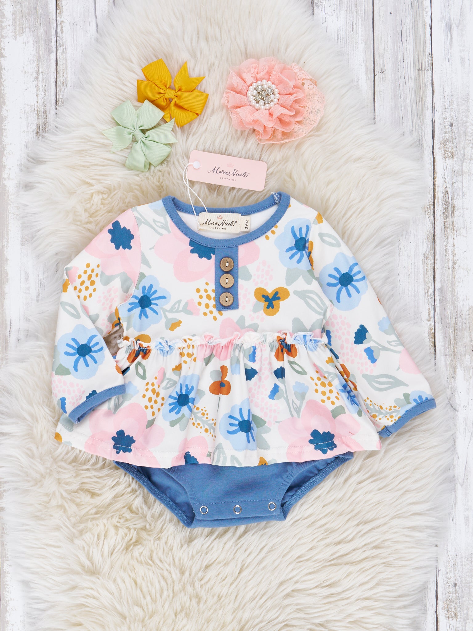 Blue & Pink Floral Watercolor Romper - Marie Nicole Clothing