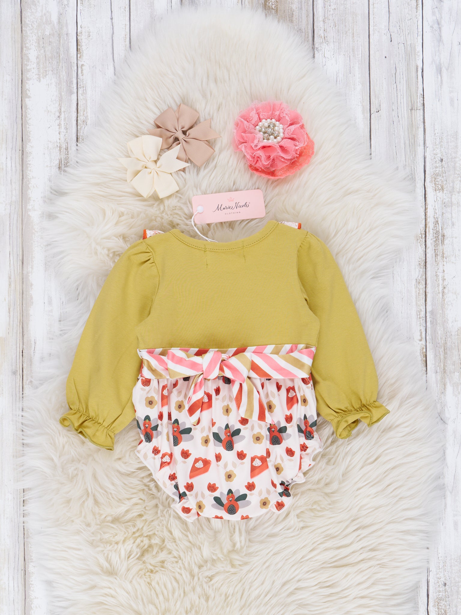 Chartreuse & Candy Stripe Turkey Ruffle Bubble Romper - Marie Nicole Clothing
