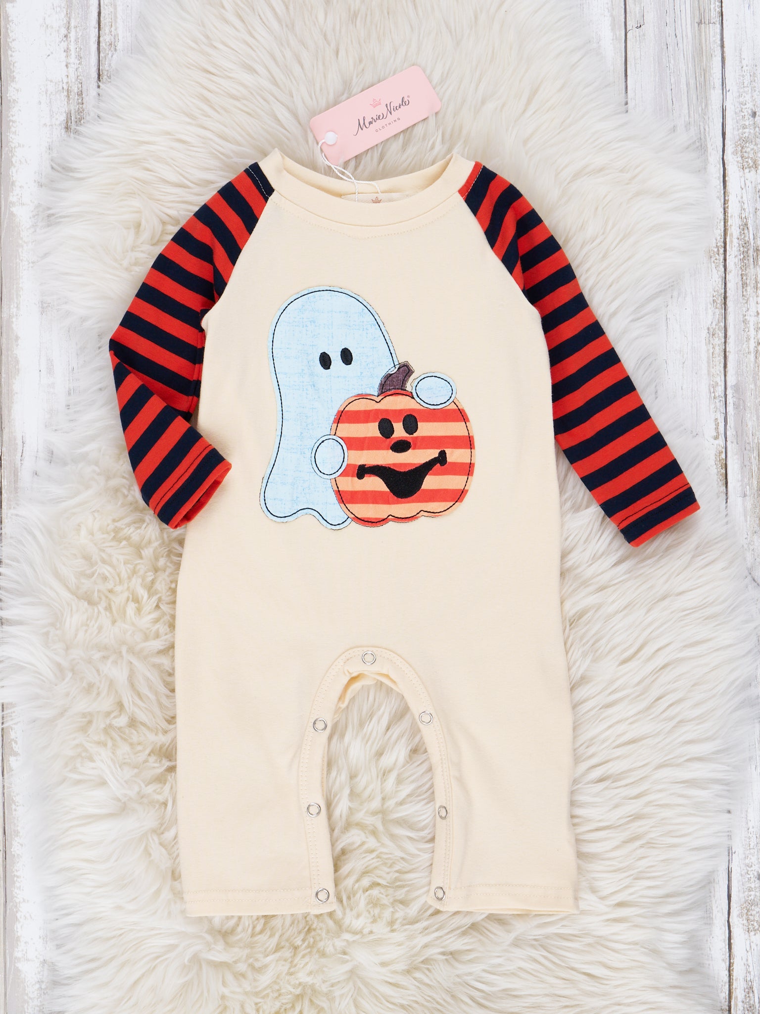 Beige Embroidered Ghost & Pumpkin Raglan Romper - Marie Nicole Clothing