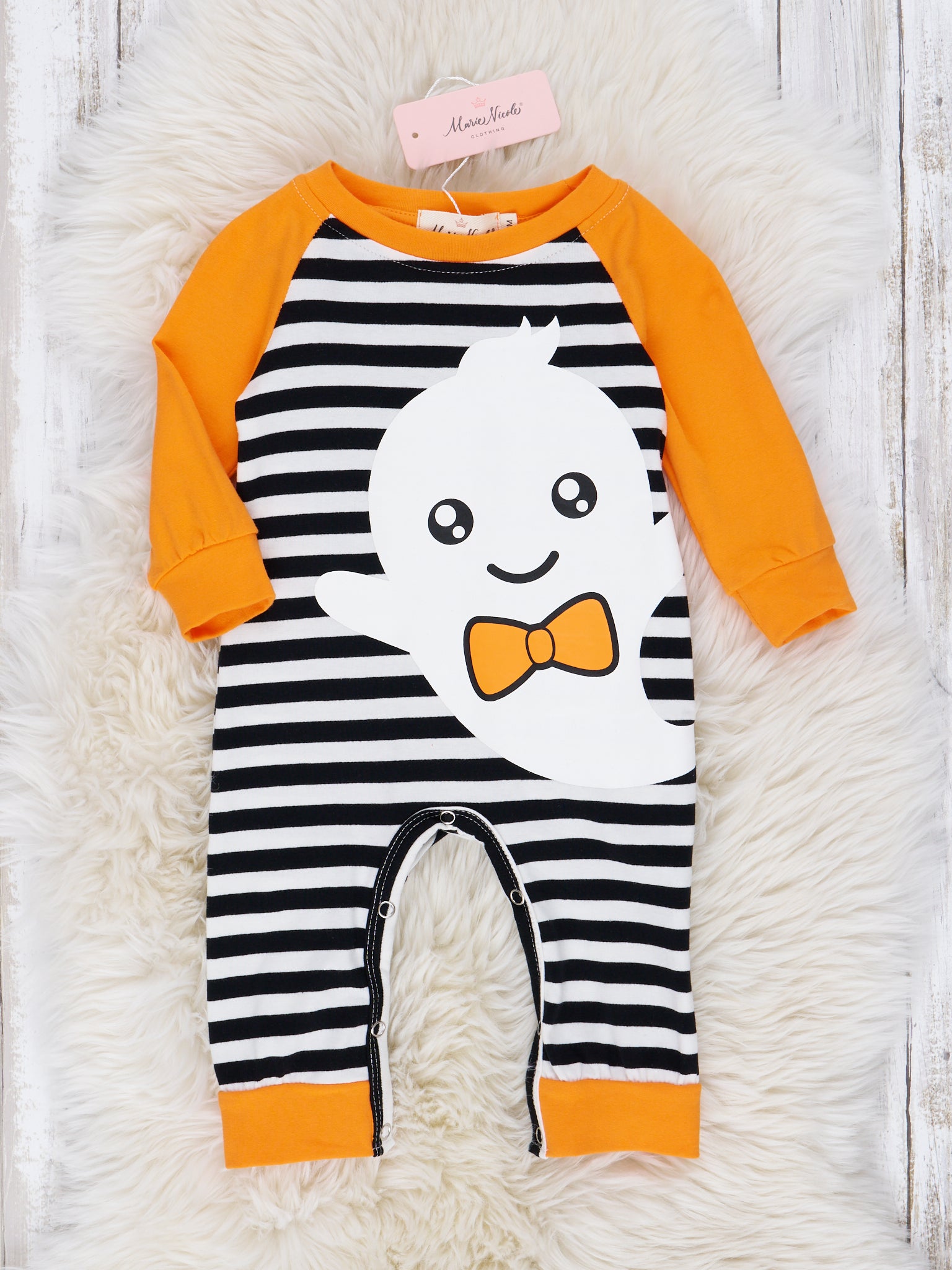 Black & White Stripe Friendly Ghost Raglan Romper - Marie Nicole Clothing