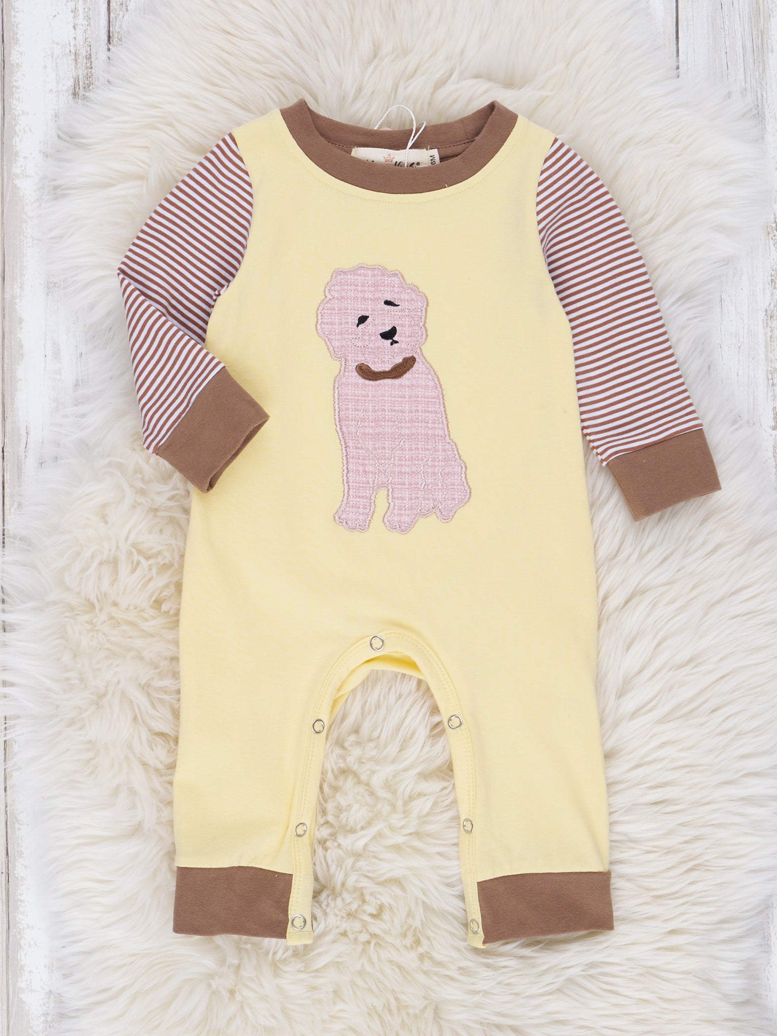 Canary & Brown Embroidered Puppy Romper - Marie Nicole Clothing