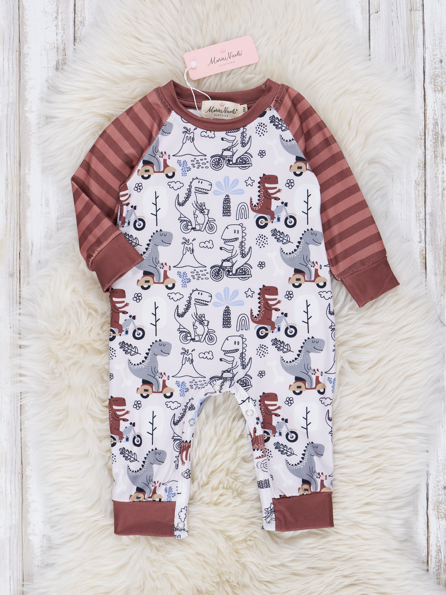Chocolate Stripe Dinosaur Raglan Romper - Marie Nicole Clothing