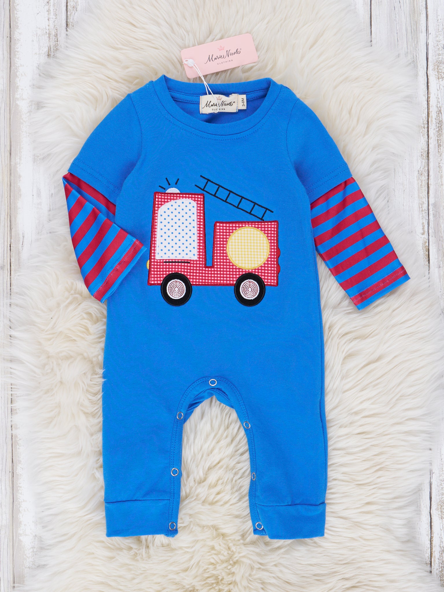 Red & Blue Stripe Firetruck Romper - Marie Nicole Clothing