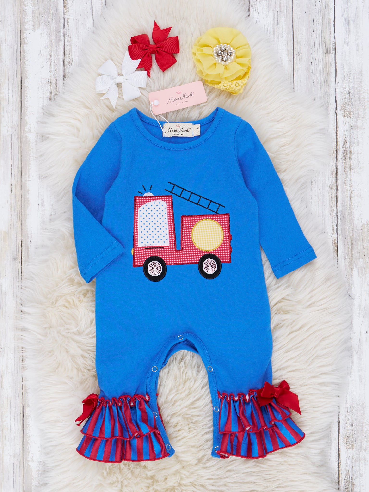 Red & Blue Stripe Firetruck Ruffle Romper - Marie Nicole Clothing