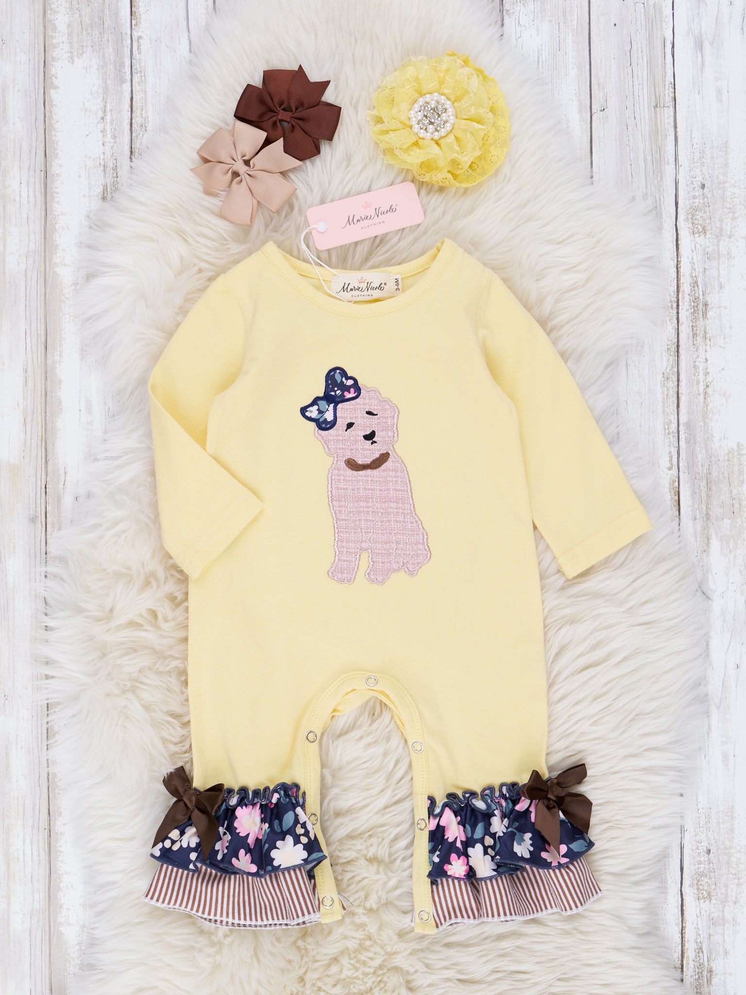 Canary & Brown Embroidered Puppy Ruffle Romper - Marie Nicole Clothing