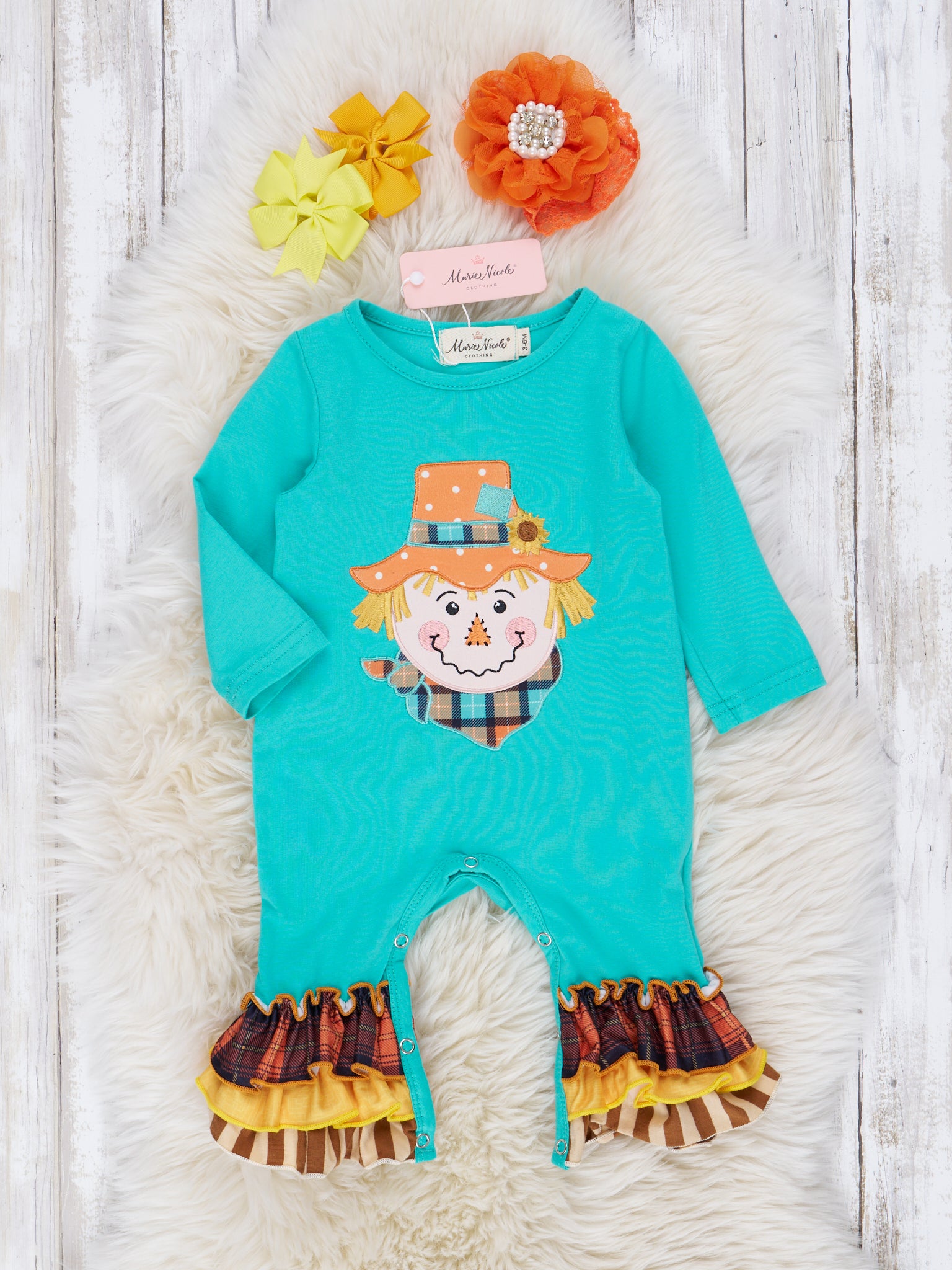 Turquoise Scarecrow Ruffle Romper - Marie Nicole Clothing