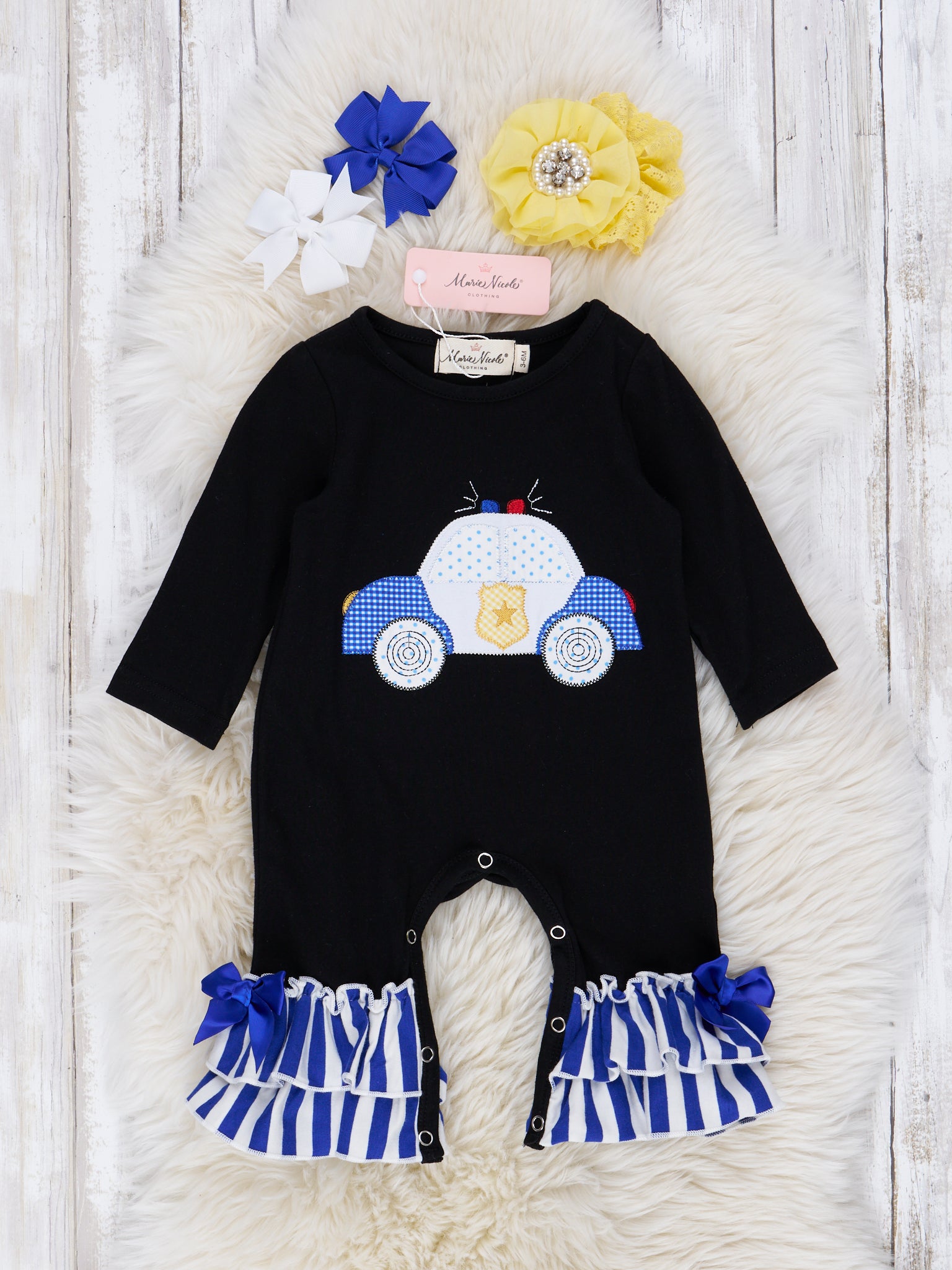 Black & Blue Stripe Little Cop Ruffle Romper - Marie Nicole Clothing
