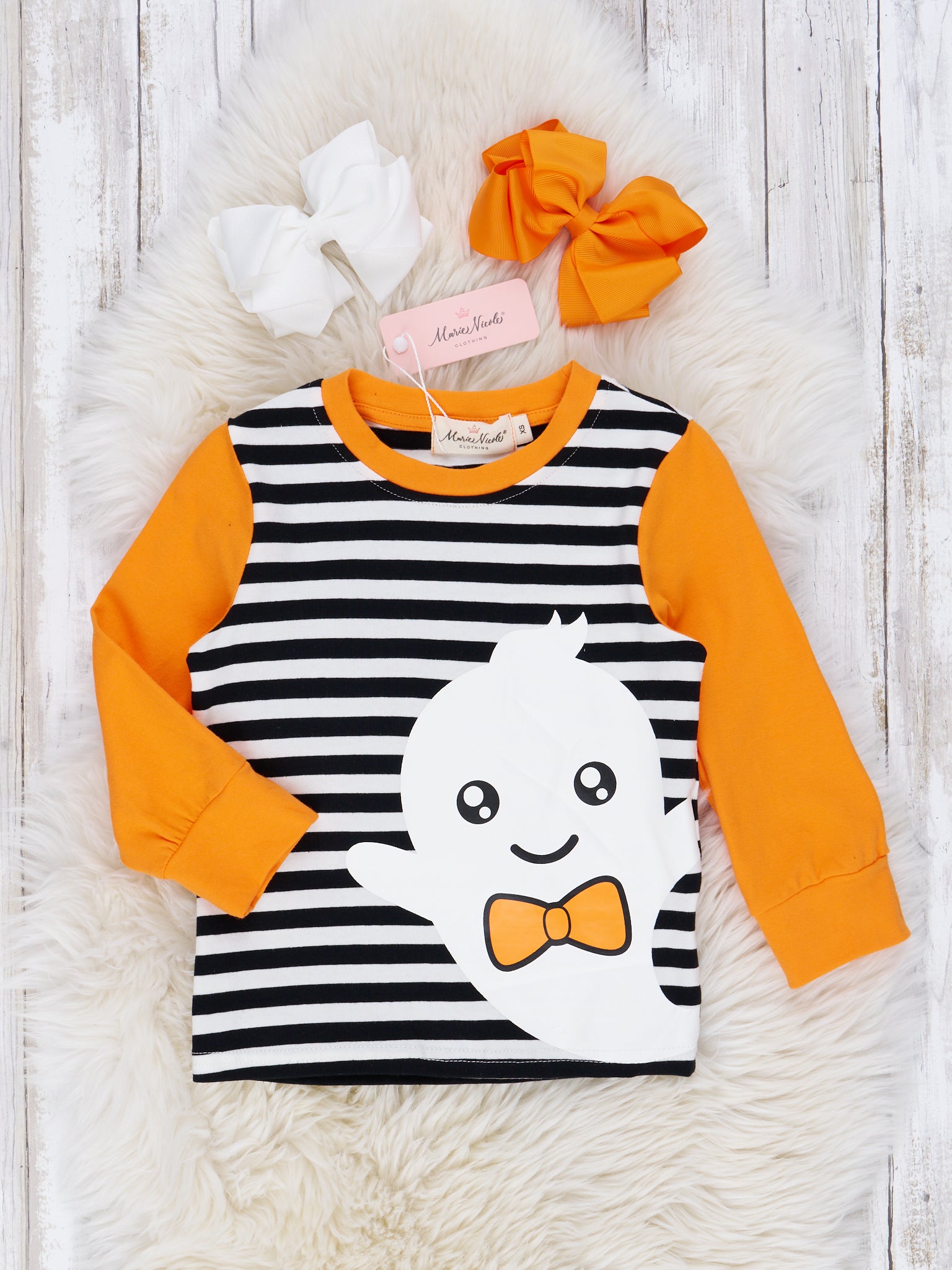 Black & White Stripe Friendly Ghost Raglan Shirt - Marie Nicole Clothing