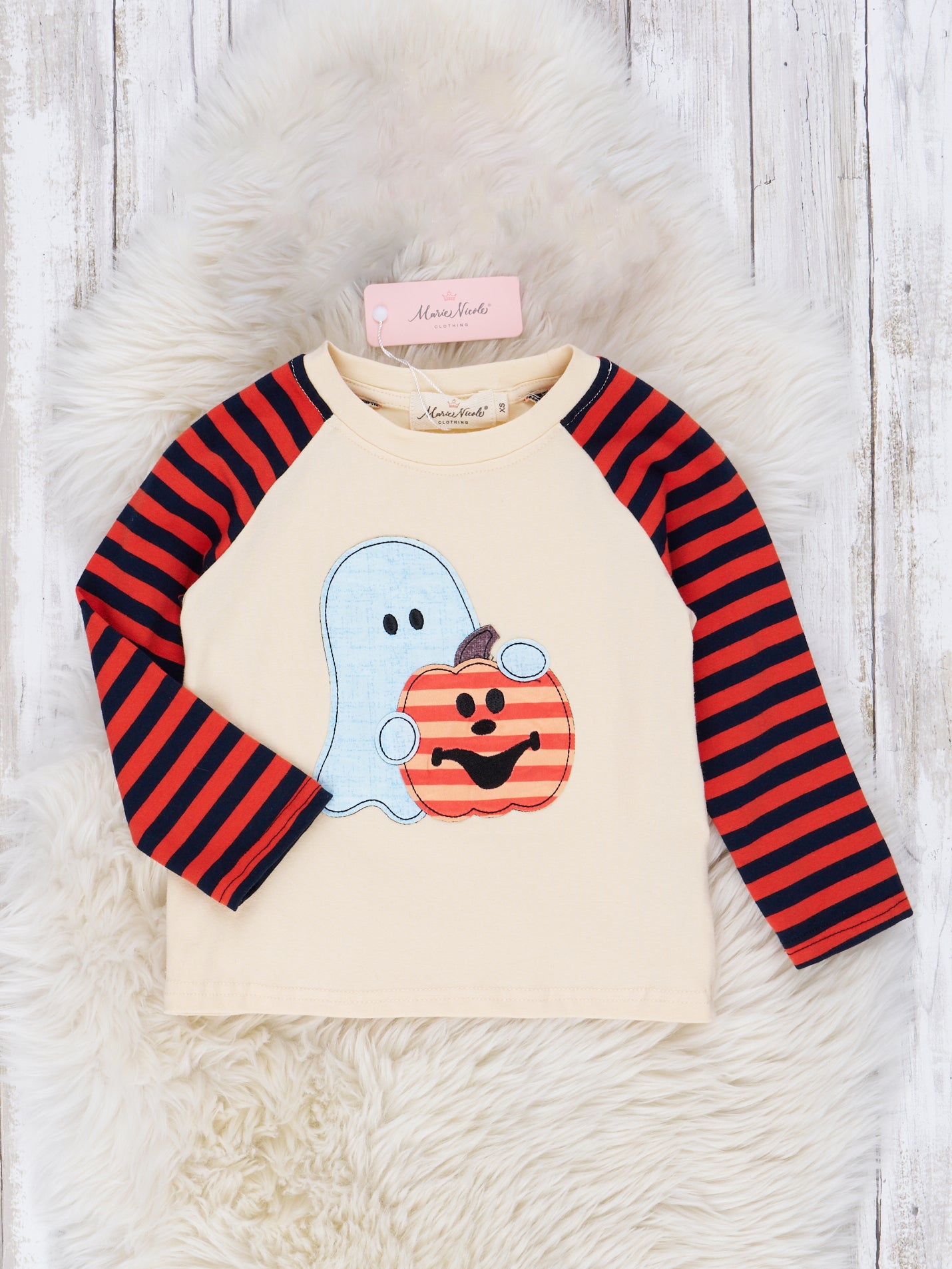 Beige Embroidered Ghost & Pumpkin Raglan Top - Marie Nicole Clothing