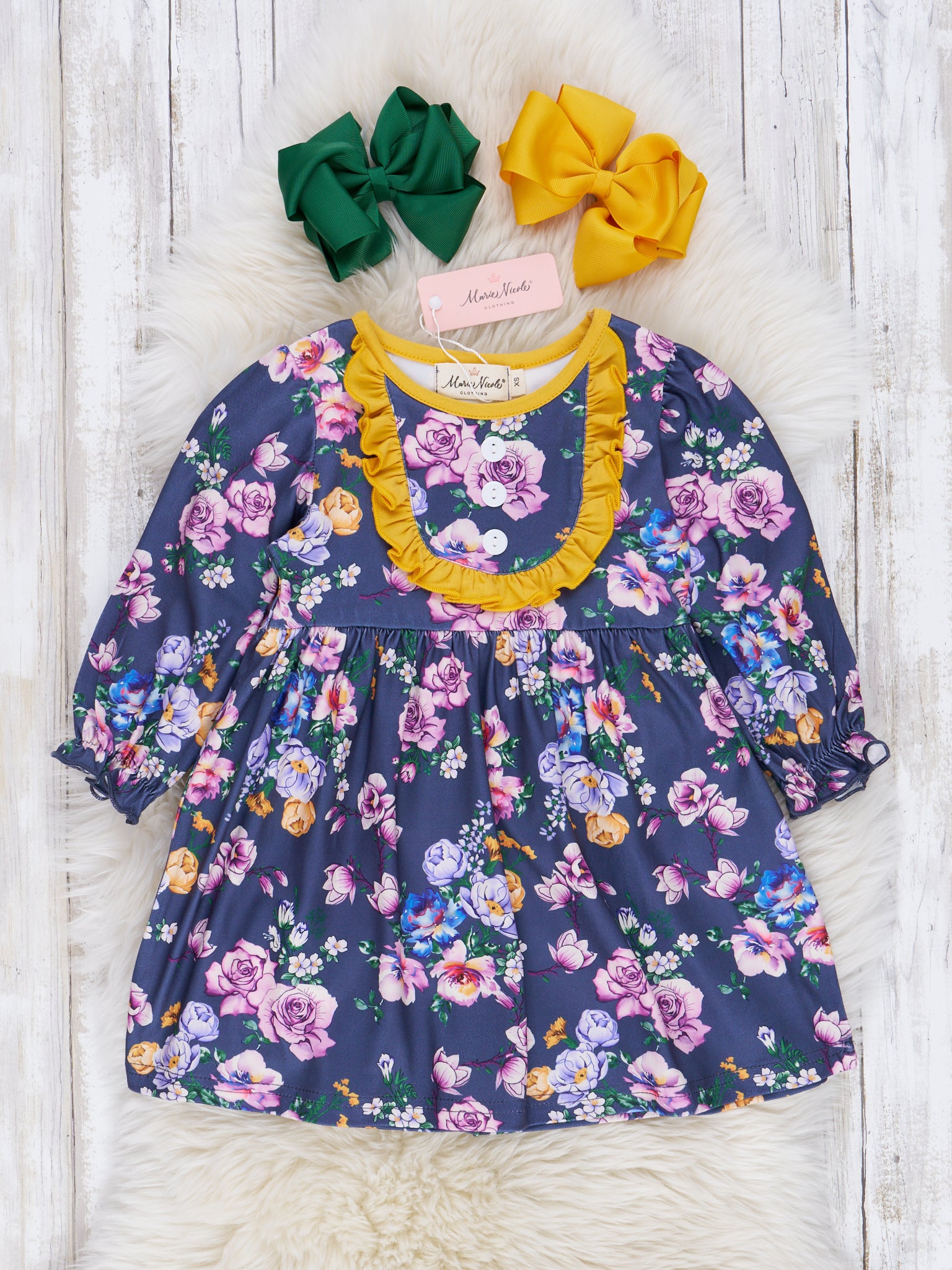 Navy & Yellow Autumn Blossoms Ruffle Dress - Marie Nicole Clothing