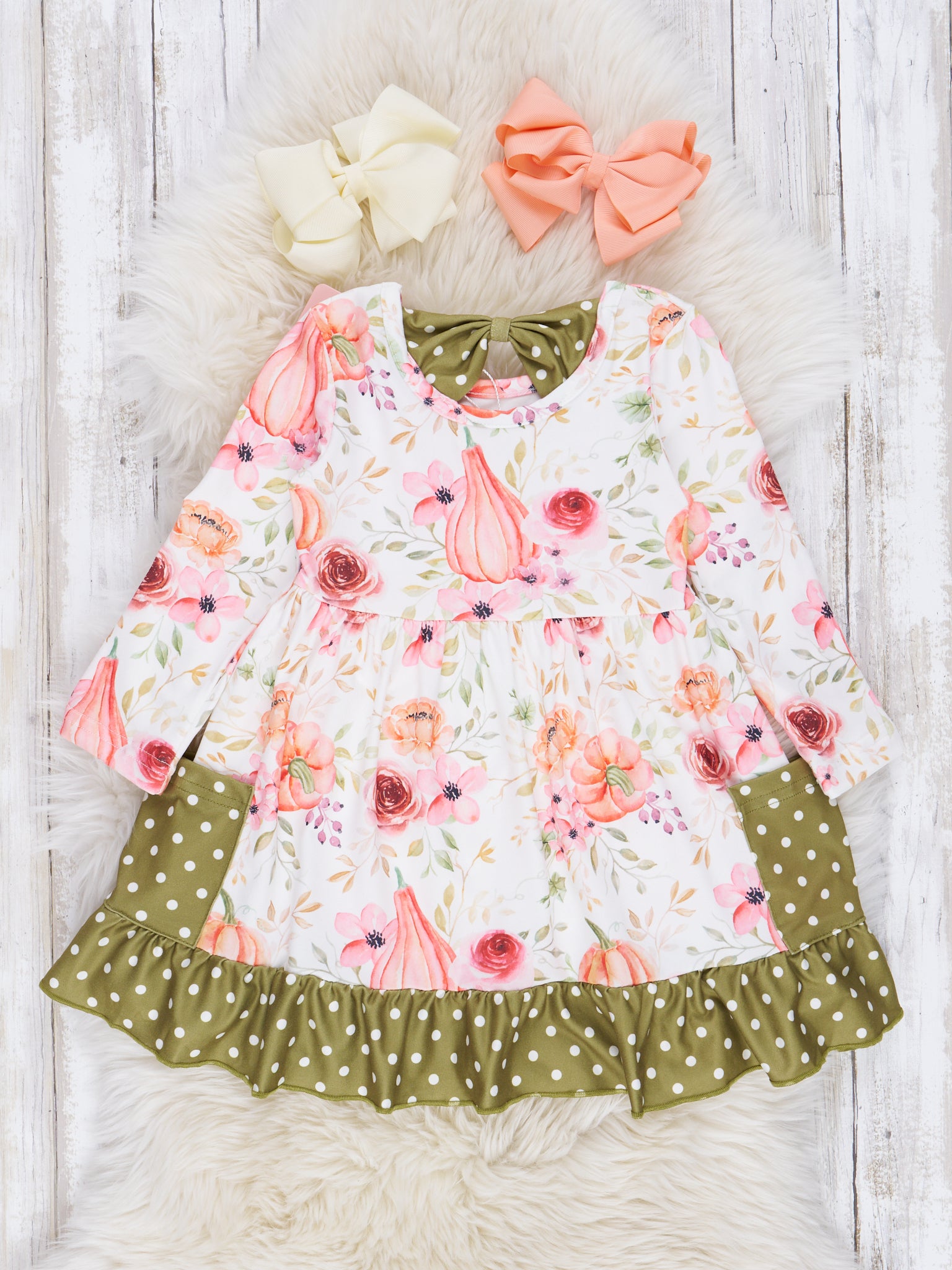 Olive Dots & Peach Blooms Ruffle Dress - Marie Nicole Clothing