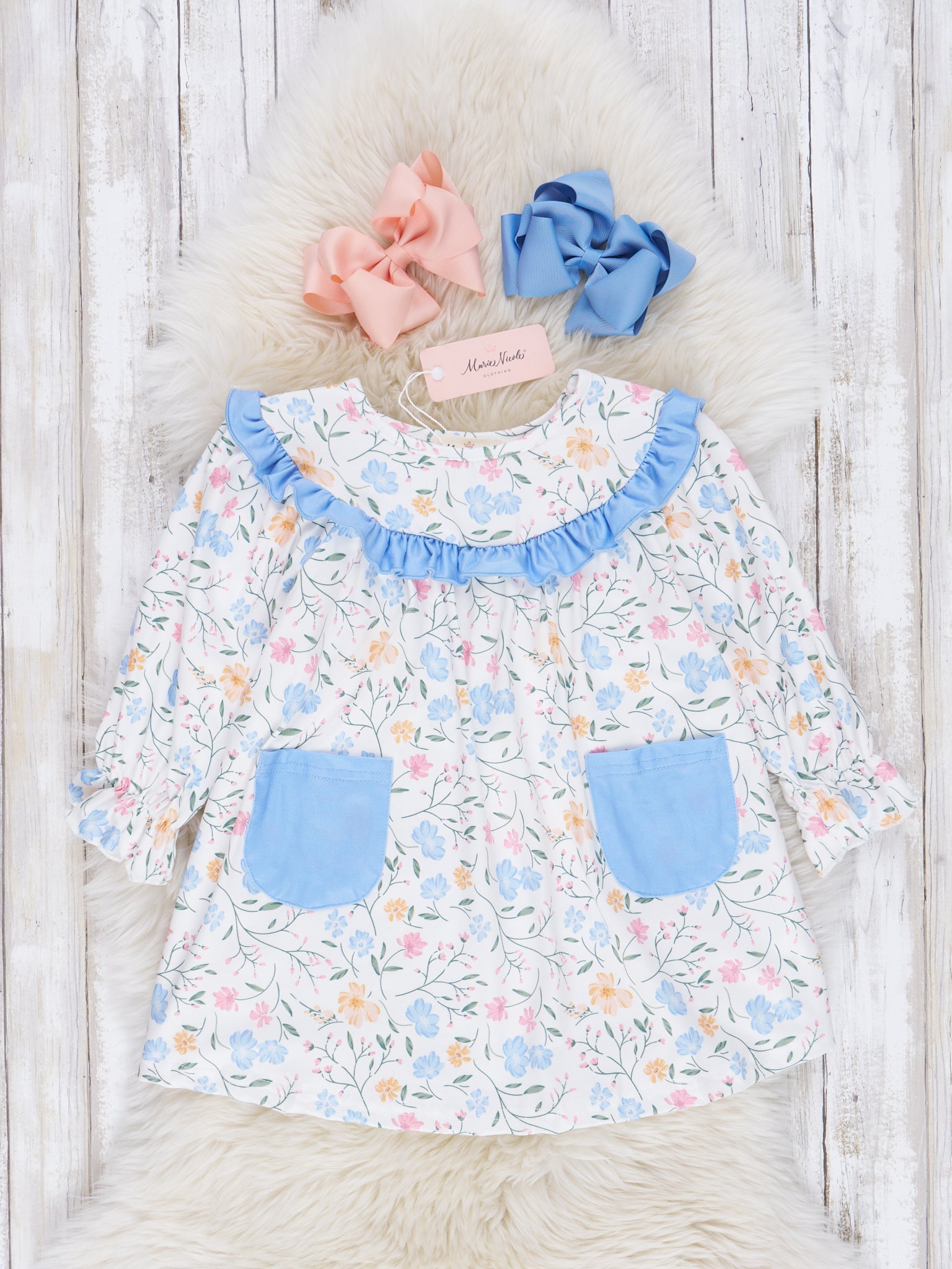 Cornflower Dainty Autumn Blooms Ruffle Dress - Marie Nicole Clothing
