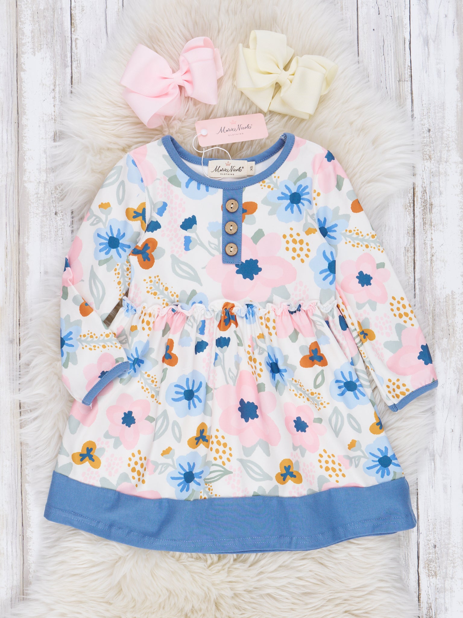 Blue & Pink Floral Watercolor Dress - Marie Nicole Clothing