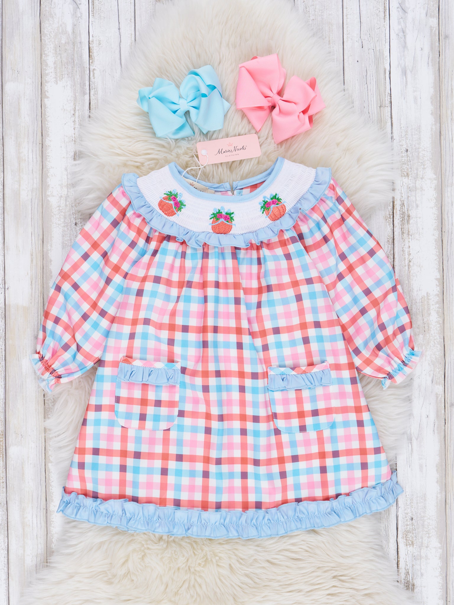Light Blue & Orange Smocked Pumpkin Ruffle Dress - Marie Nicole Clothing