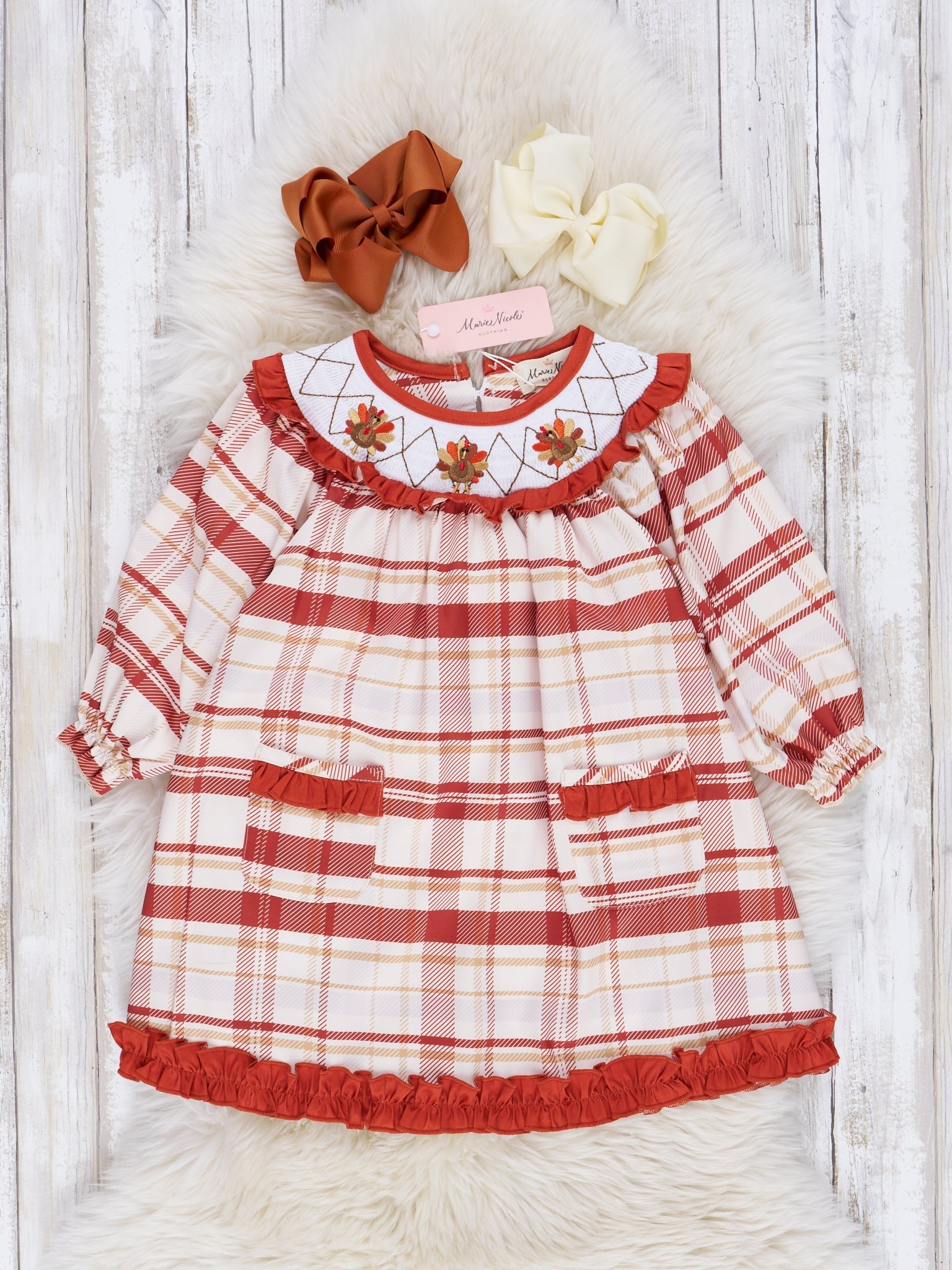 Maroon Plaid Smocked Turkey Ruffle Dress - Marie Nicole Clothing