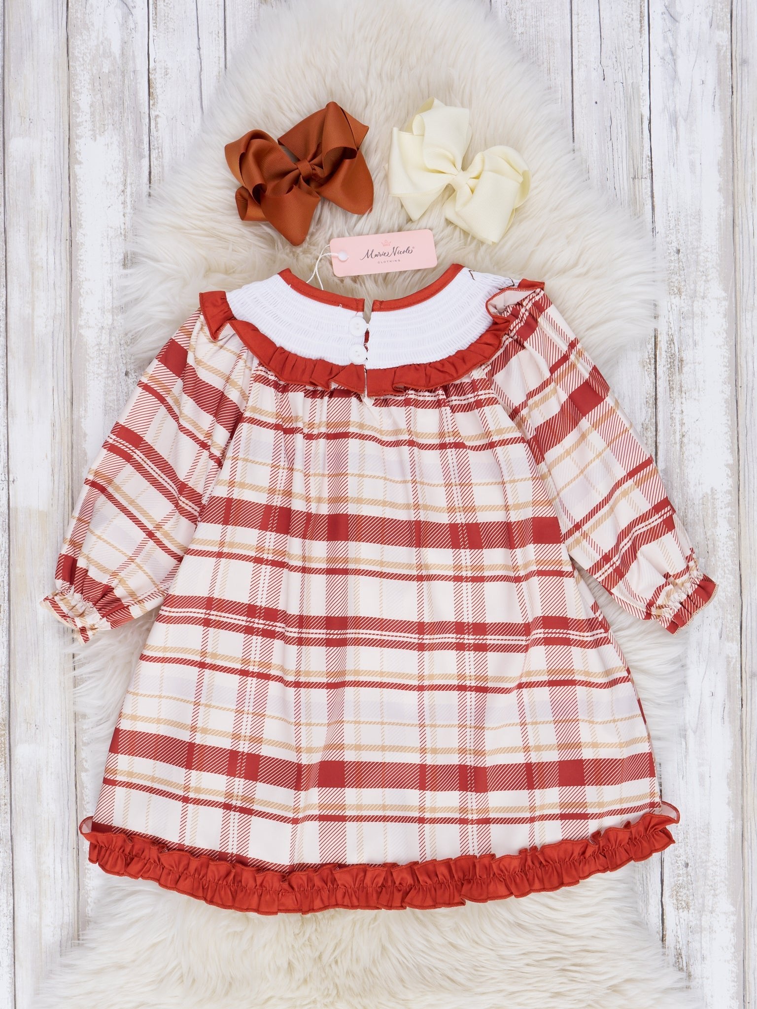 Maroon Plaid Smocked Turkey Ruffle Dress - Marie Nicole Clothing