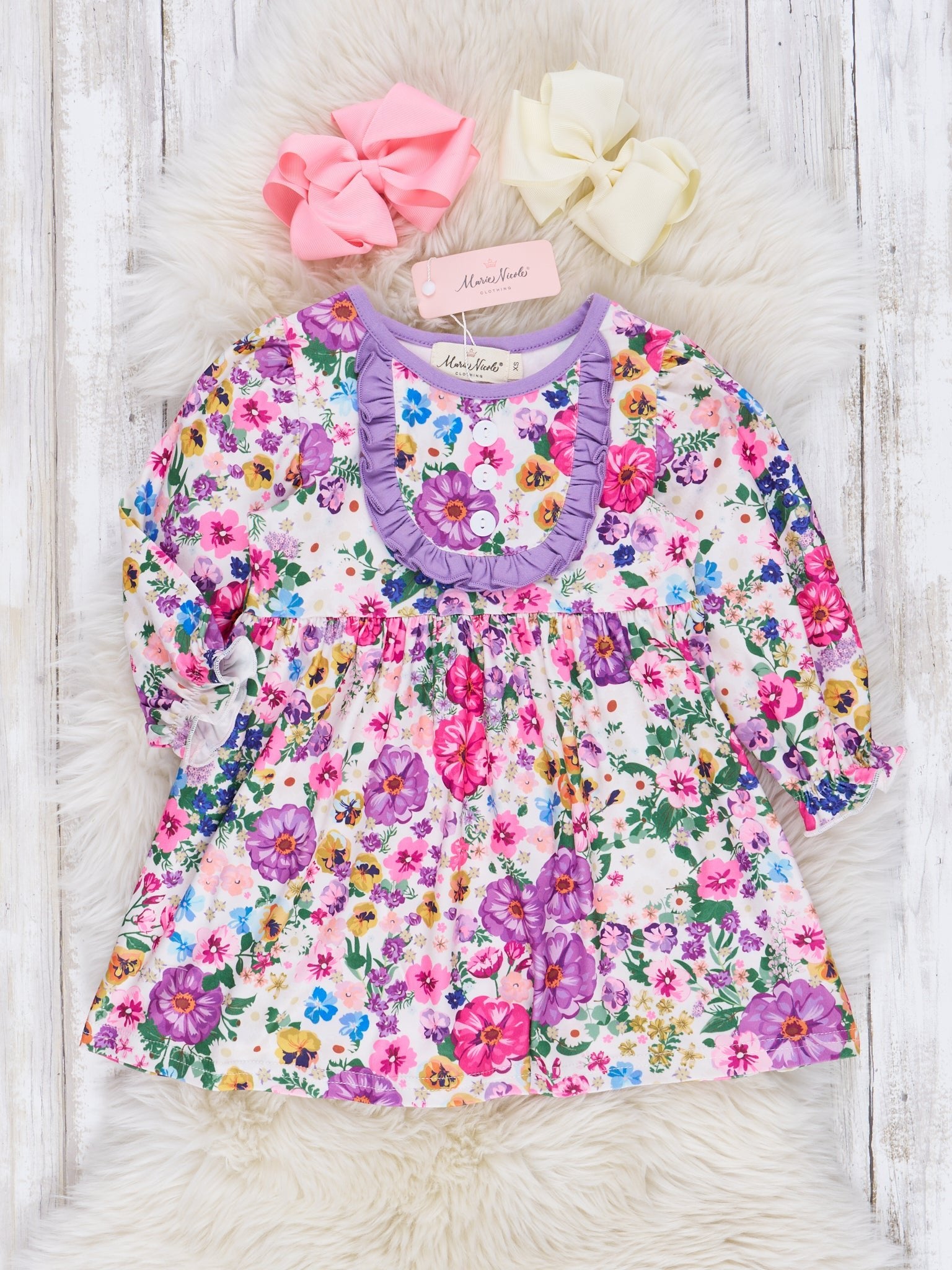 Violet & Magenta Autumn Blossoms Ruffle Dress - Marie Nicole Clothing