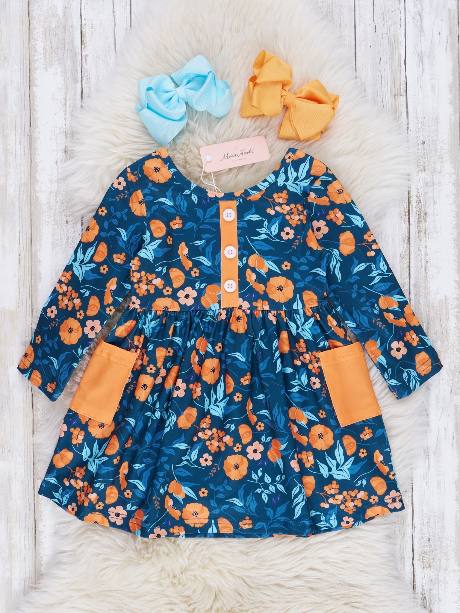 Navy & Golden Blooming Pocket Dress - Marie Nicole Clothing