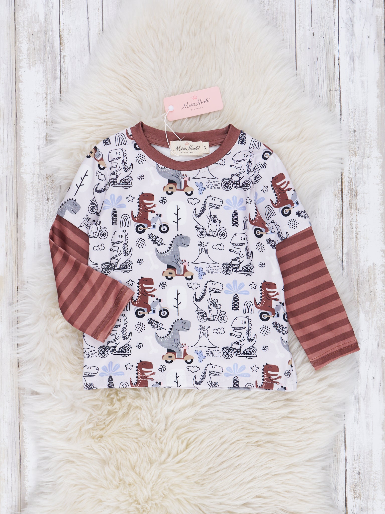 Chocolate Stripe Dinosaur Raglan Shirt - Marie Nicole Clothing