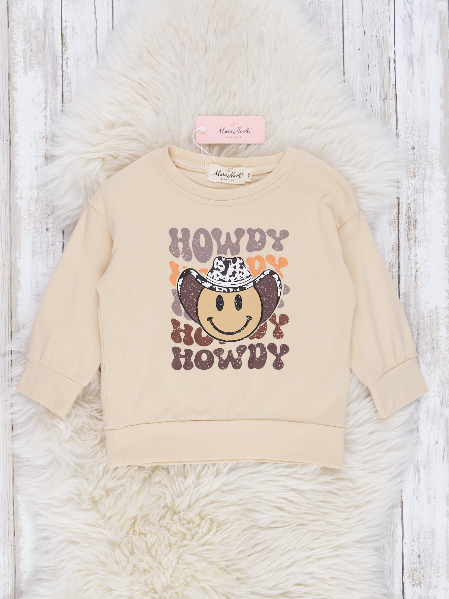 Cream Smiley Howdy Crewneck Shirt - Marie Nicole Clothing