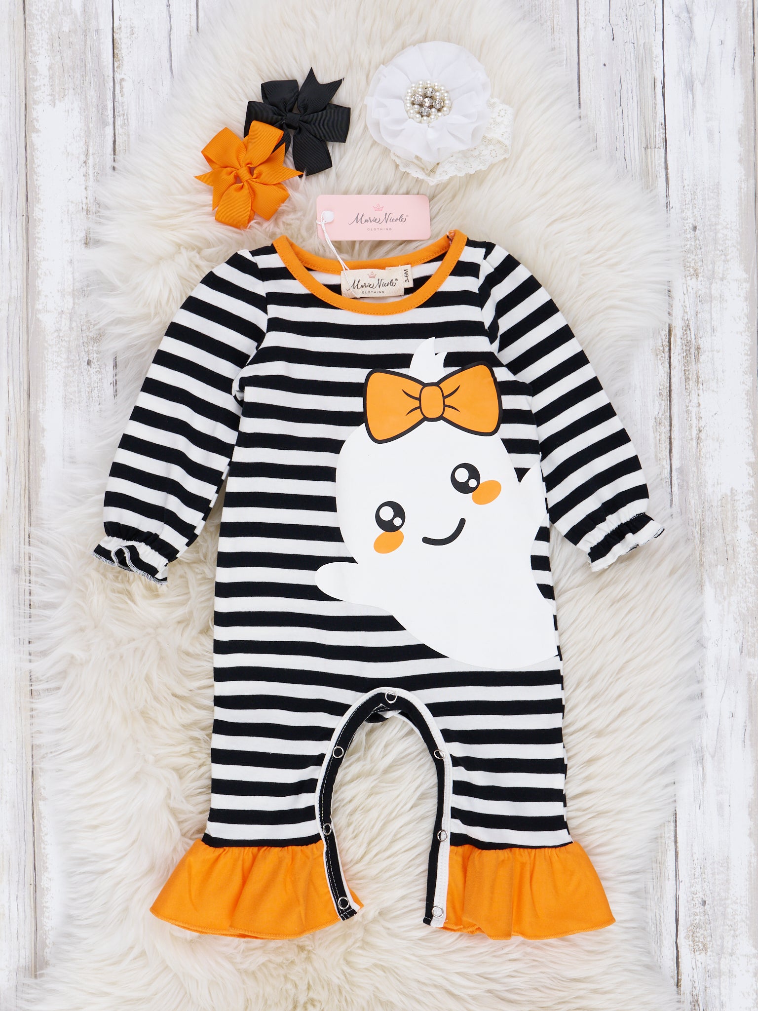 Black & White Stripe Friendly Ghost Ruffle Romper - Marie Nicole Clothing