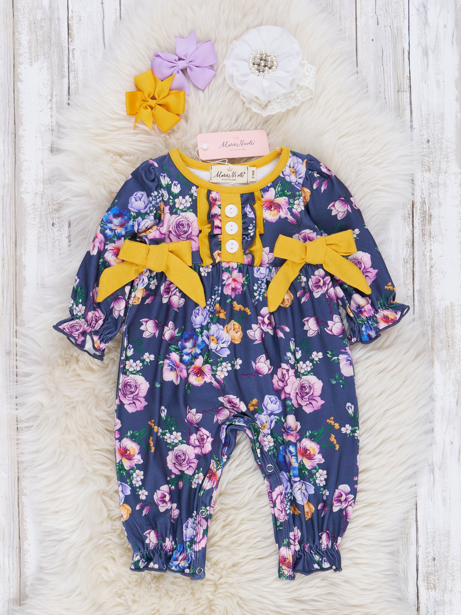 Navy & Yellow Autumn Blossoms Ruffle Romper - Marie Nicole Clothing