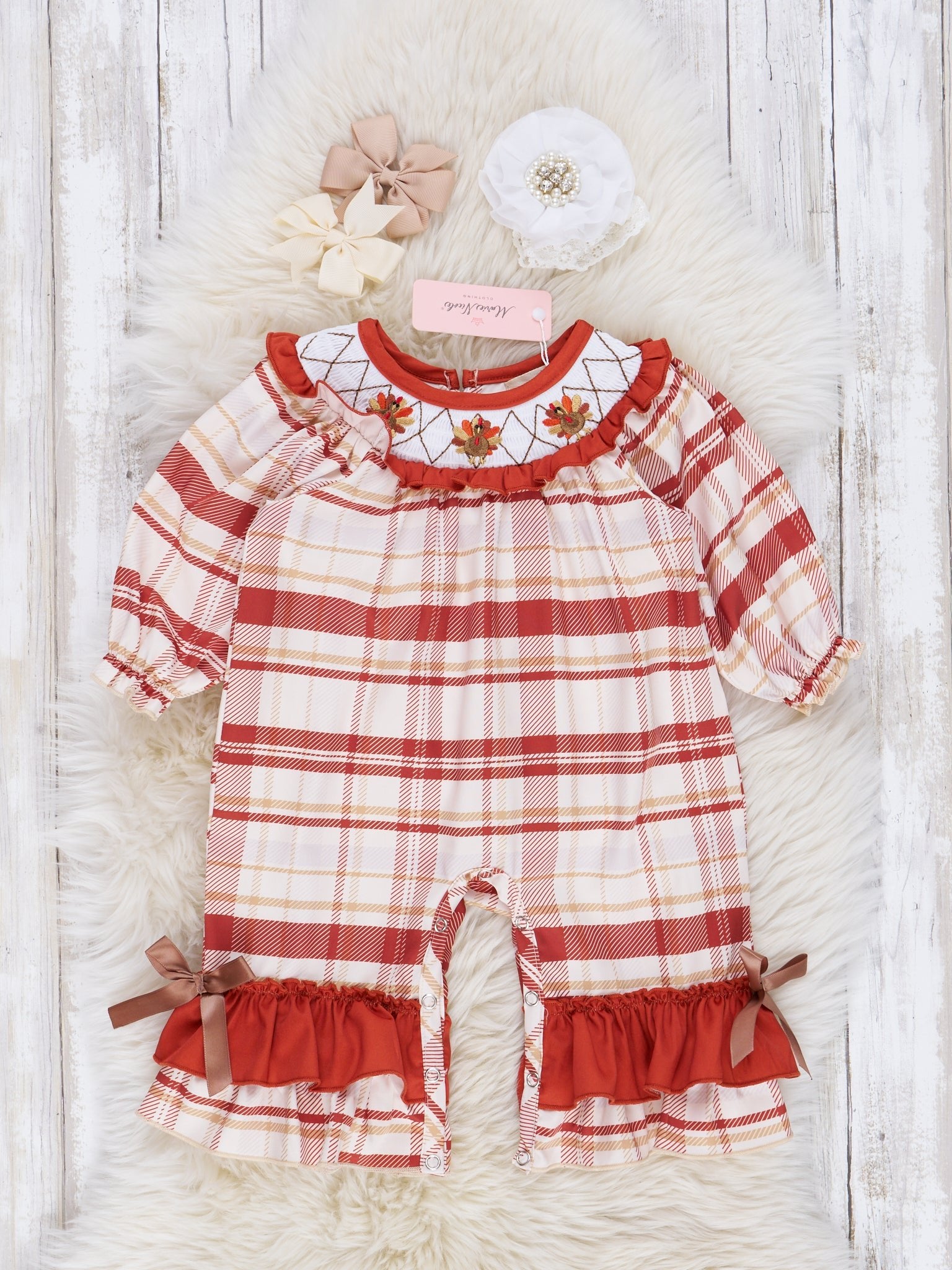 Maroon Plaid Smocked Turkey Ruffle Romper - Marie Nicole Clothing