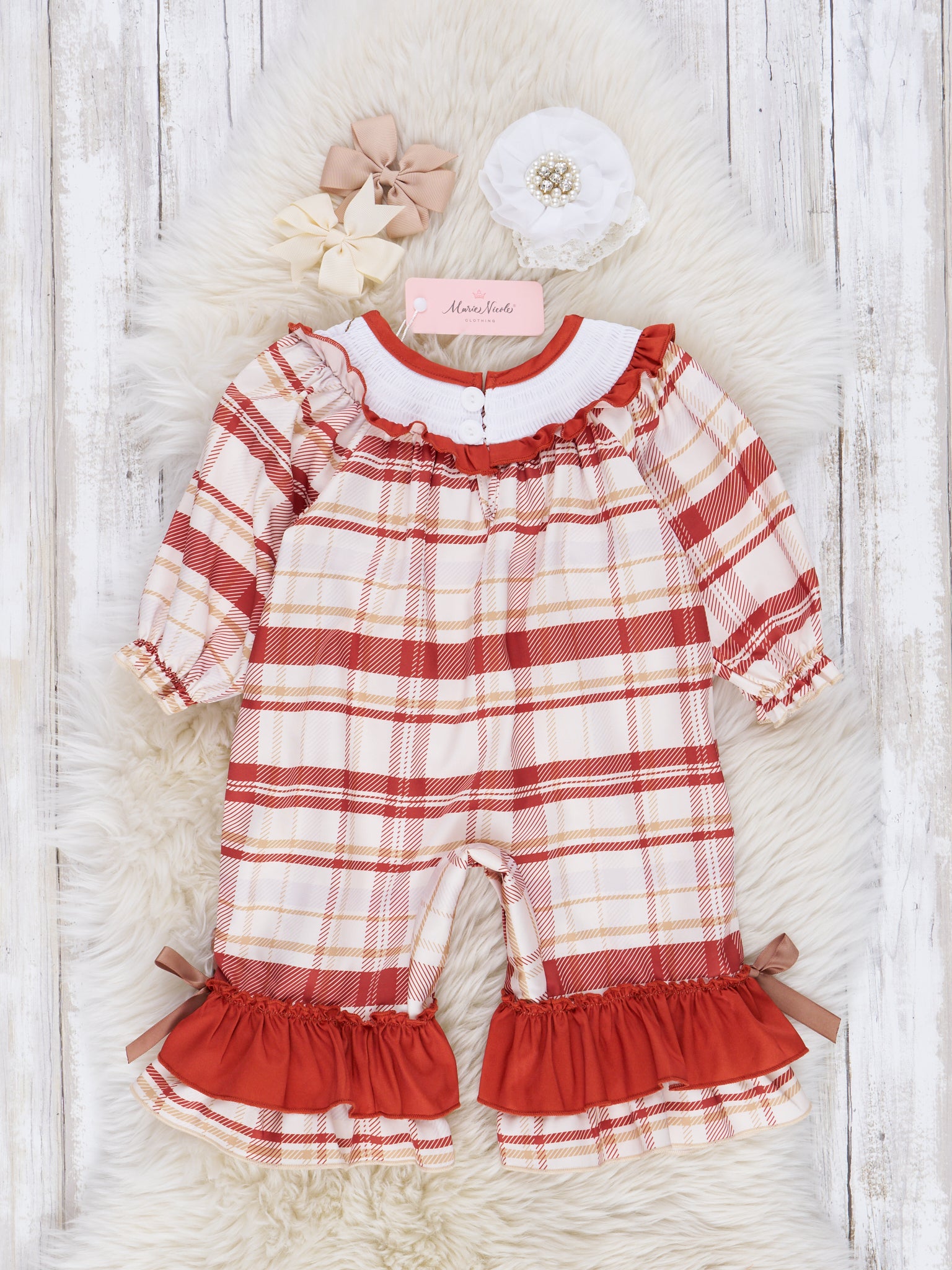 Maroon Plaid Smocked Turkey Ruffle Romper - Marie Nicole Clothing