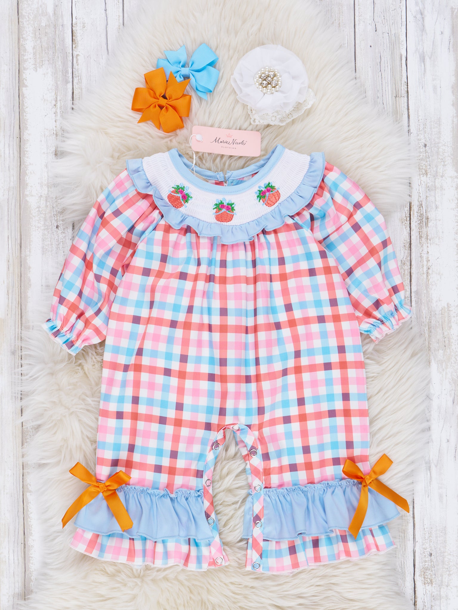 Light Blue & Orange Smocked Pumpkin Ruffle Romper - Marie Nicole Clothing