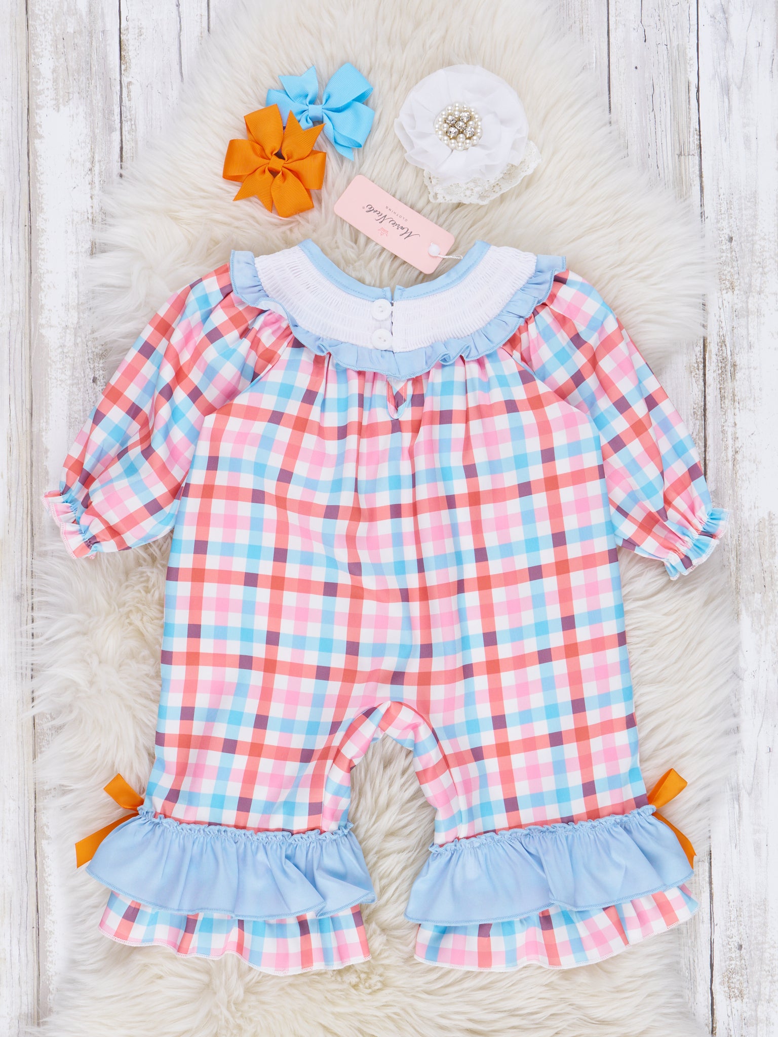 Light Blue & Orange Smocked Pumpkin Ruffle Romper - Marie Nicole Clothing