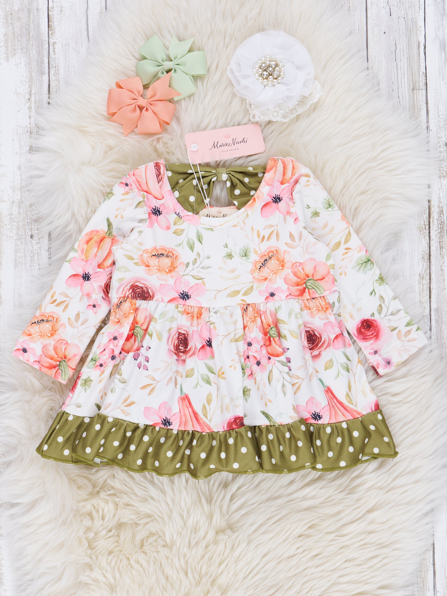 Olive Dots & Peach Blooms Ruffle Romper - Marie Nicole Clothing