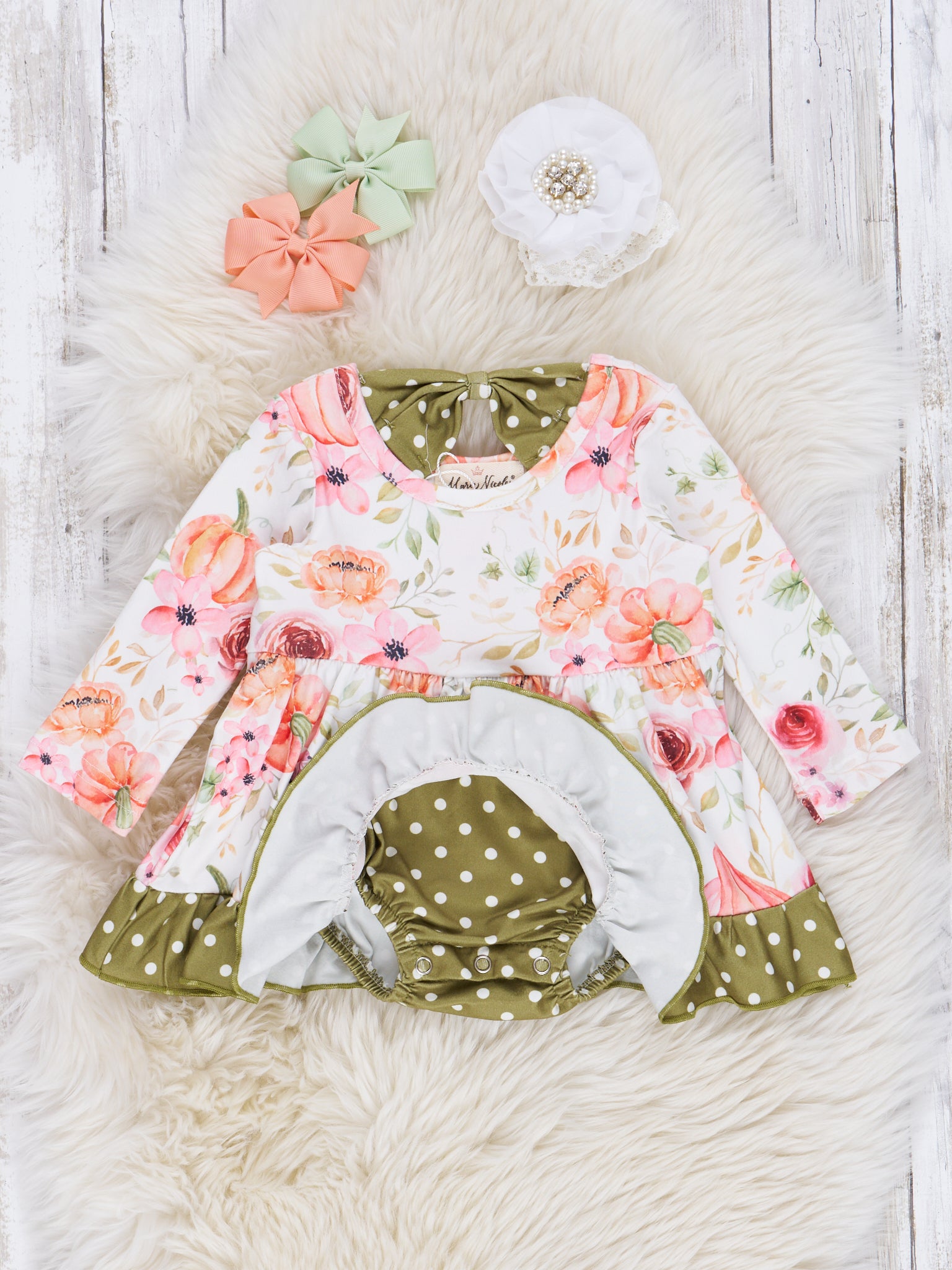Olive Dots & Peach Blooms Ruffle Romper - Marie Nicole Clothing