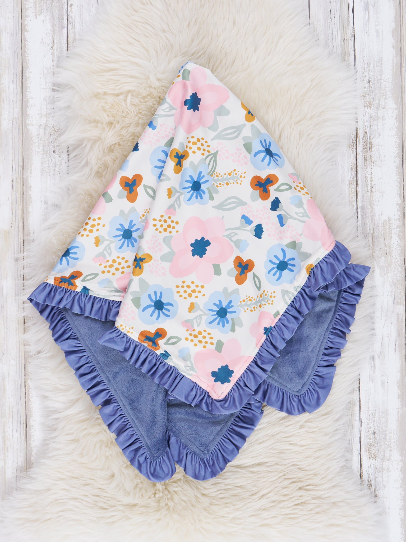 Blue & Pink Floral Watercolor Ruffle Minky Blanket - Marie Nicole Clothing