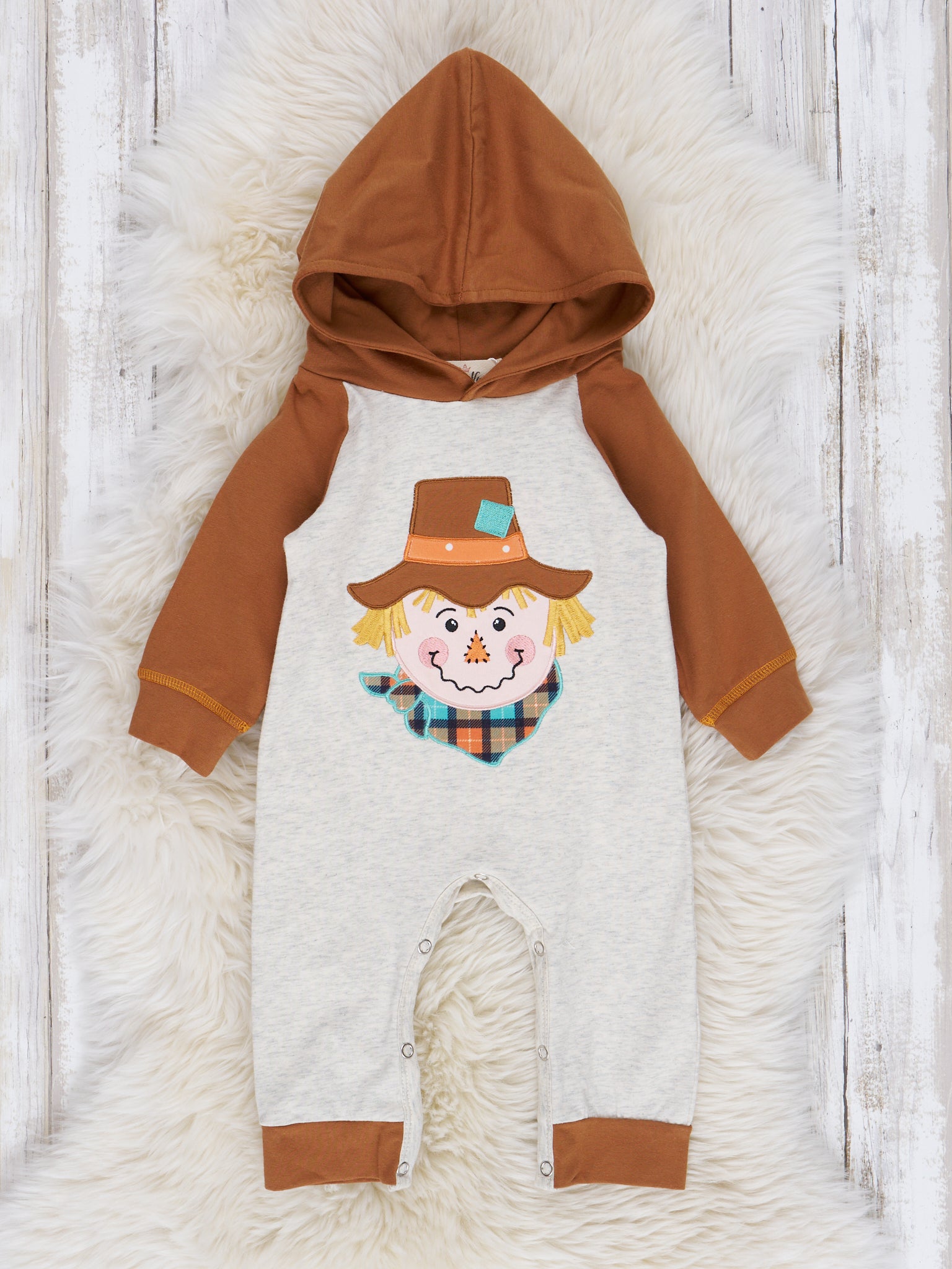 Brown Sweet Scarecrow Raglan Hoodie Romper - Marie Nicole Clothing