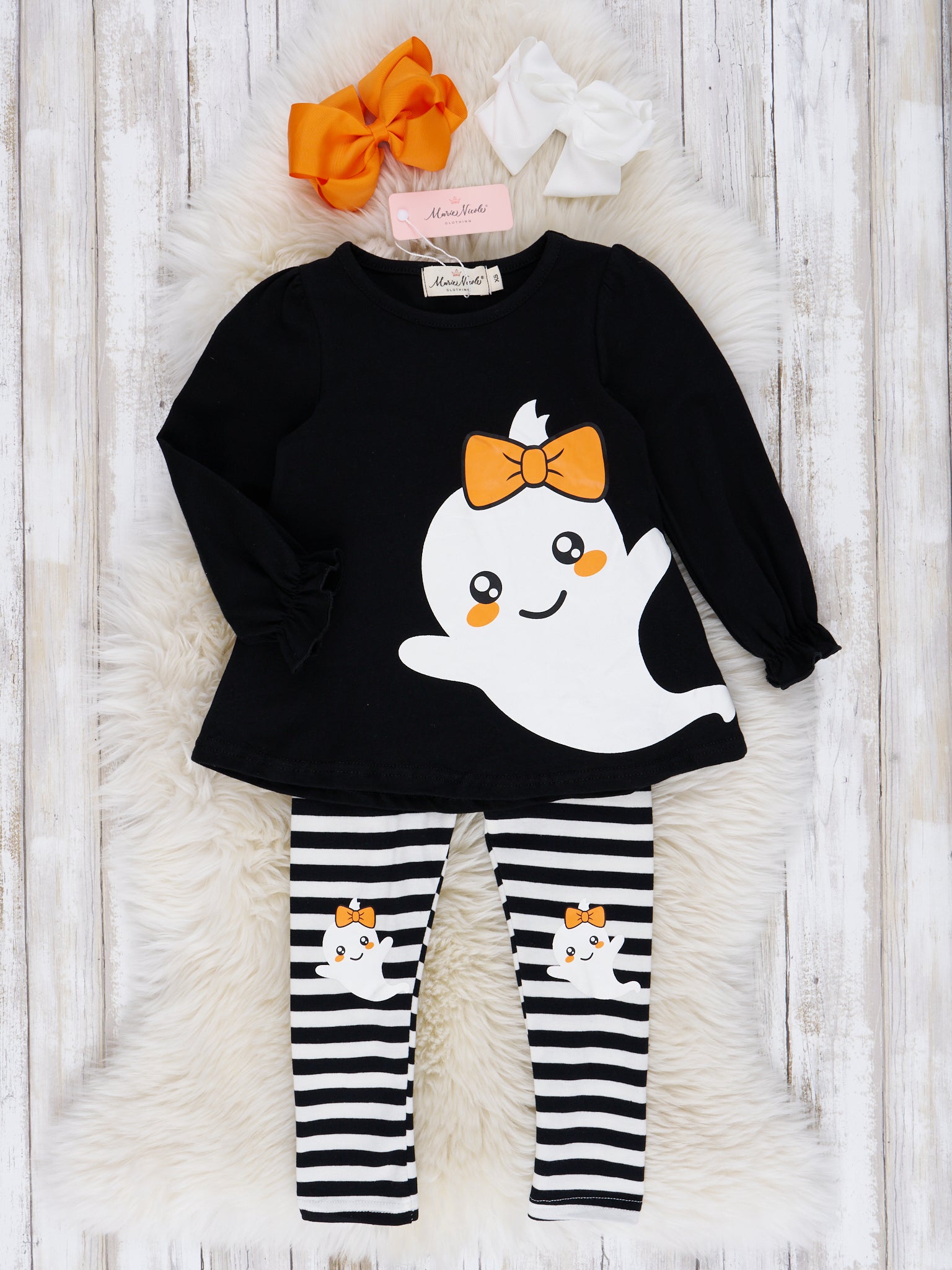 Black & White Stripe Friendly Ghost Outfit - Marie Nicole Clothing