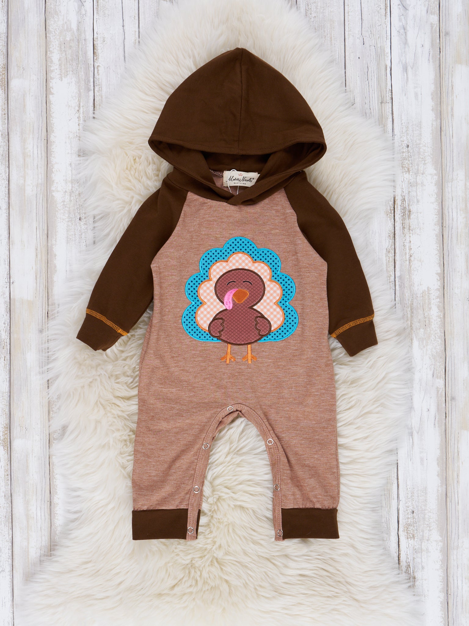 Tan Turkey Time Raglan Hoodie Romper - Marie Nicole Clothing