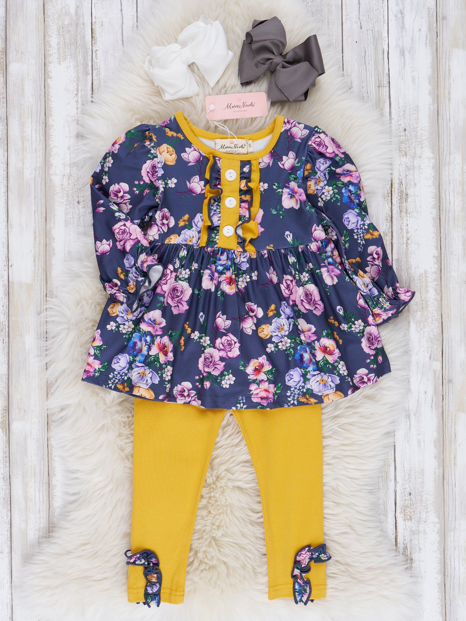 Navy & Yellow Autumn Blossoms Ruffle Outfit - Marie Nicole Clothing