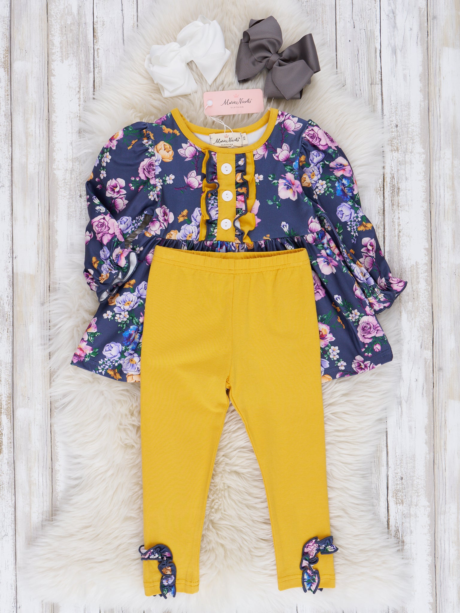 Navy & Yellow Autumn Blossoms Ruffle Outfit - Marie Nicole Clothing