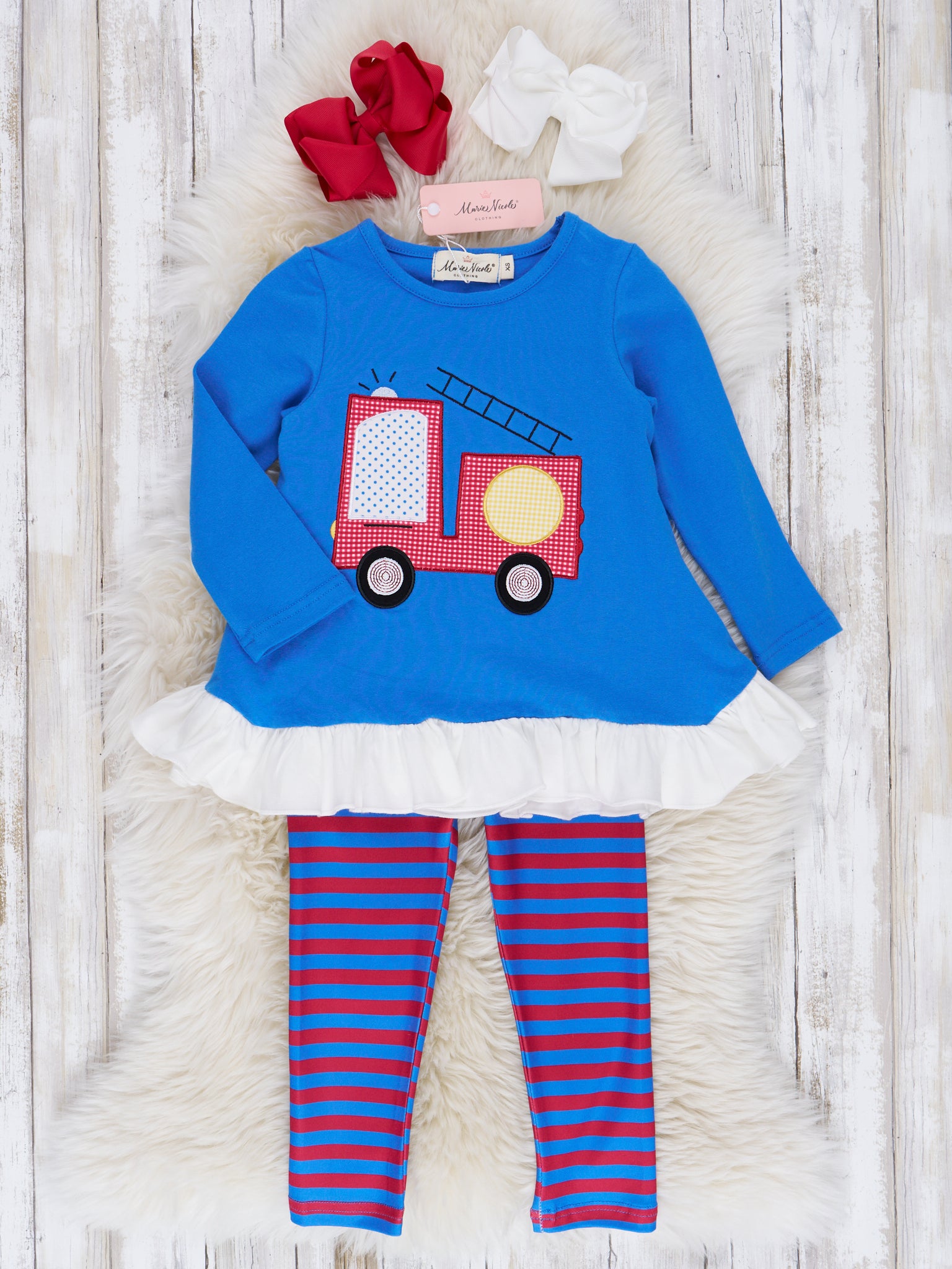 Red & Blue Stripe Firetruck Ruffle Outfit - Marie Nicole Clothing