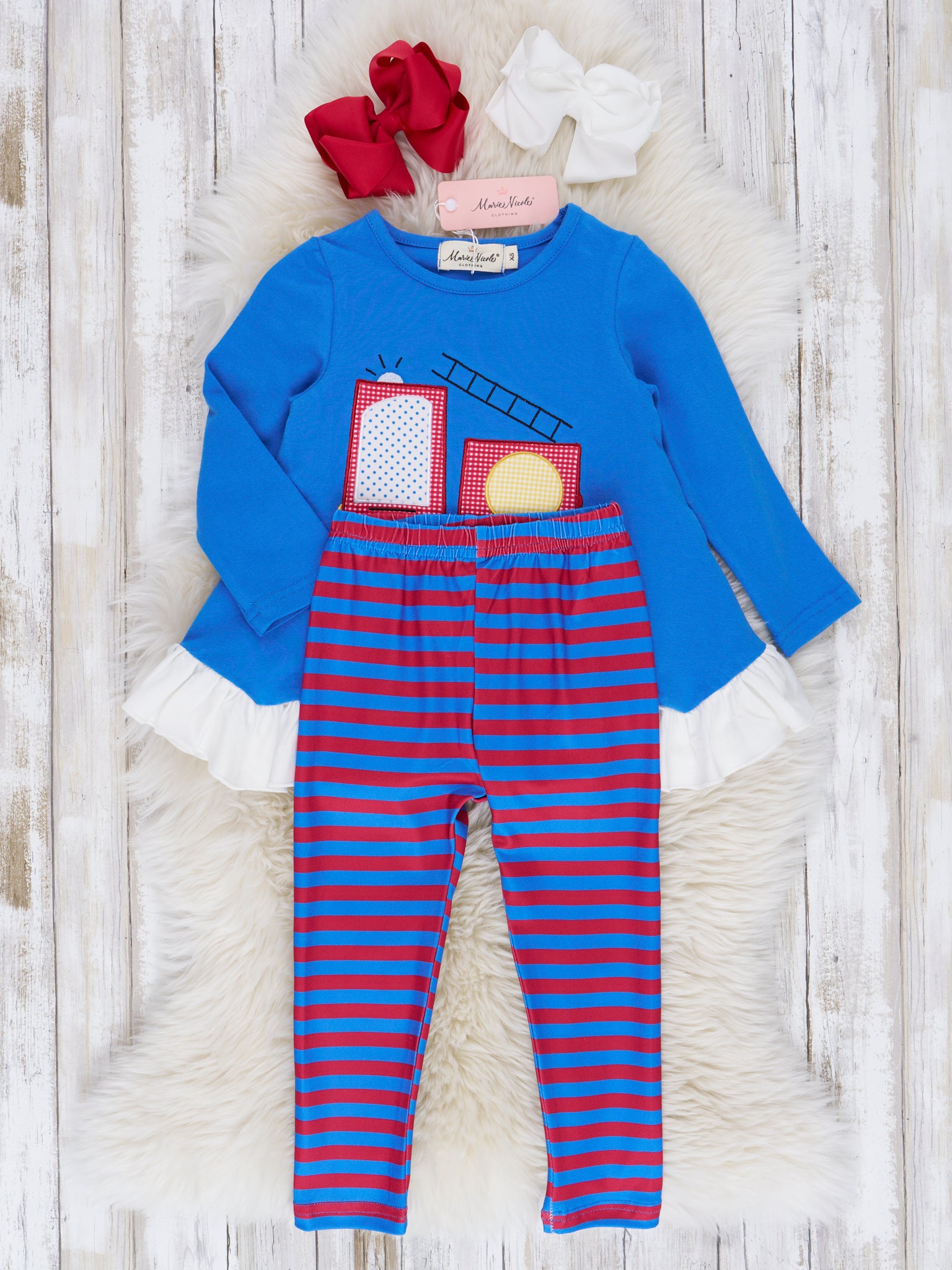 Red & Blue Stripe Firetruck Ruffle Outfit - Marie Nicole Clothing
