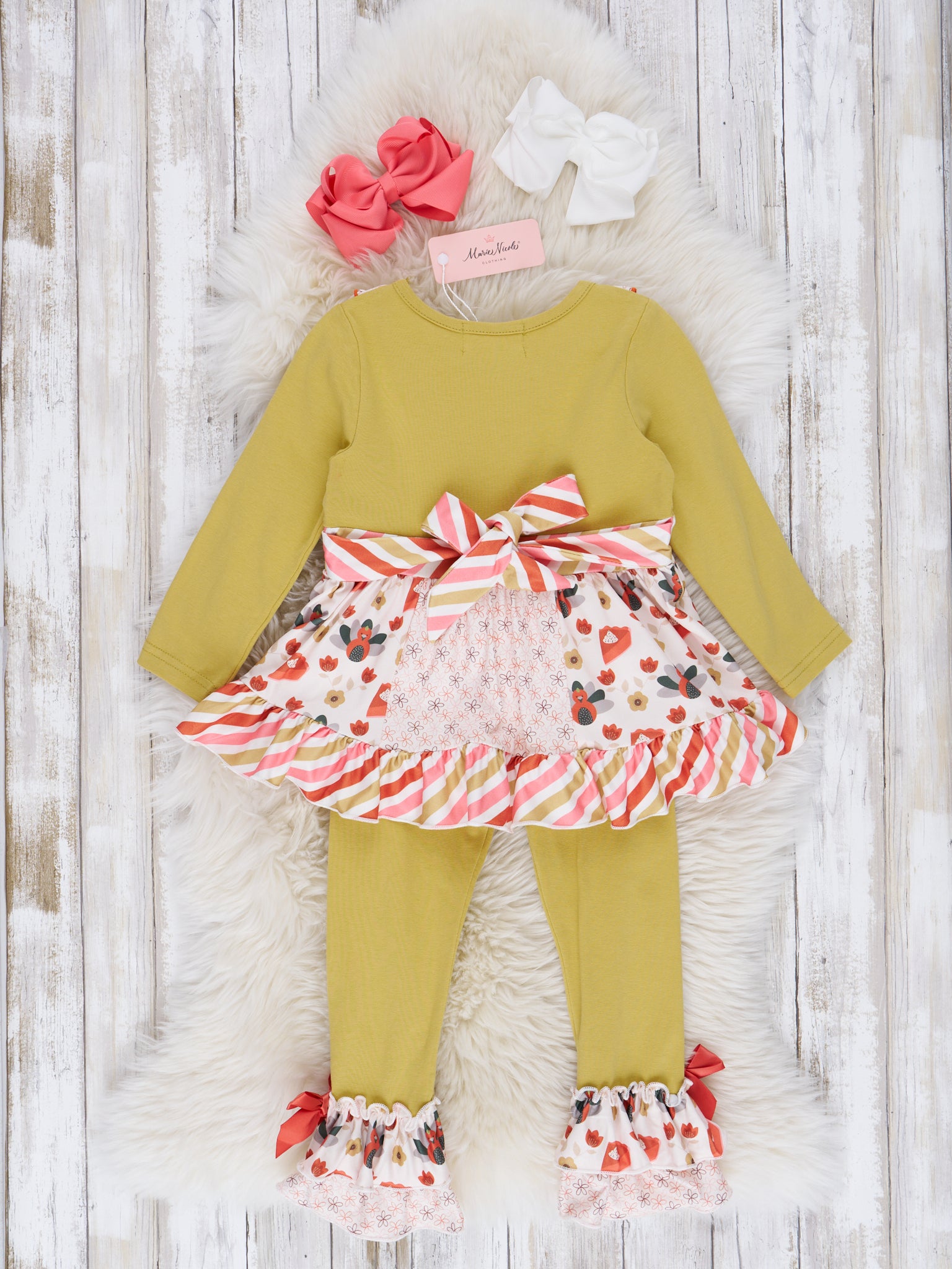 Chartreuse & Candy Stripe Turkey Ruffle Outfit - Marie Nicole Clothing