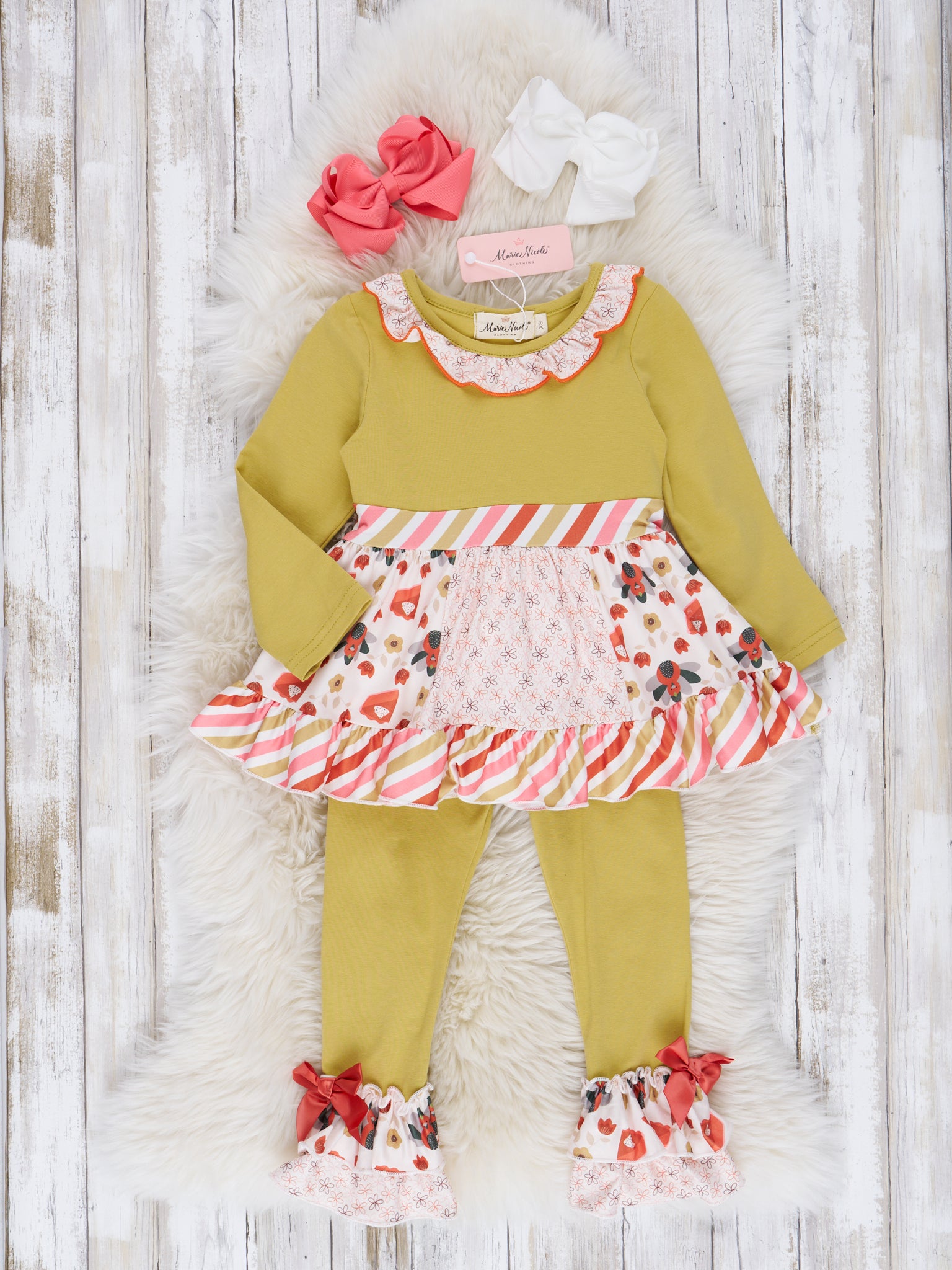 Chartreuse & Candy Stripe Turkey Ruffle Outfit - Marie Nicole Clothing